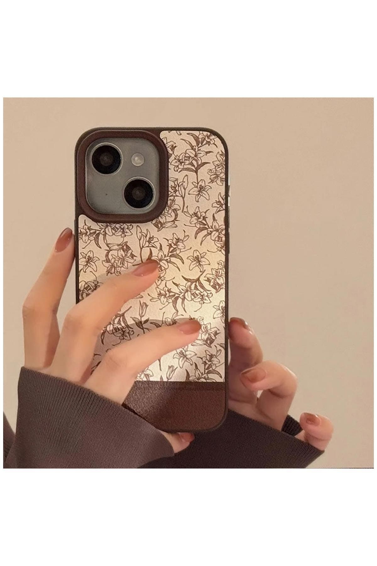 Apple iPhone 15 Uyumlu Kılıf Zebana Lily Flowers Silikon Kılıf Açık Kahverengi