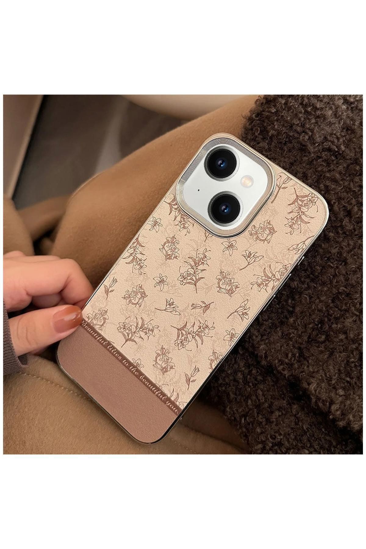 Apple iPhone 15 Uyumlu Kılıf Zebana Lily Flowers Silikon Kılıf Açık Kahverengi