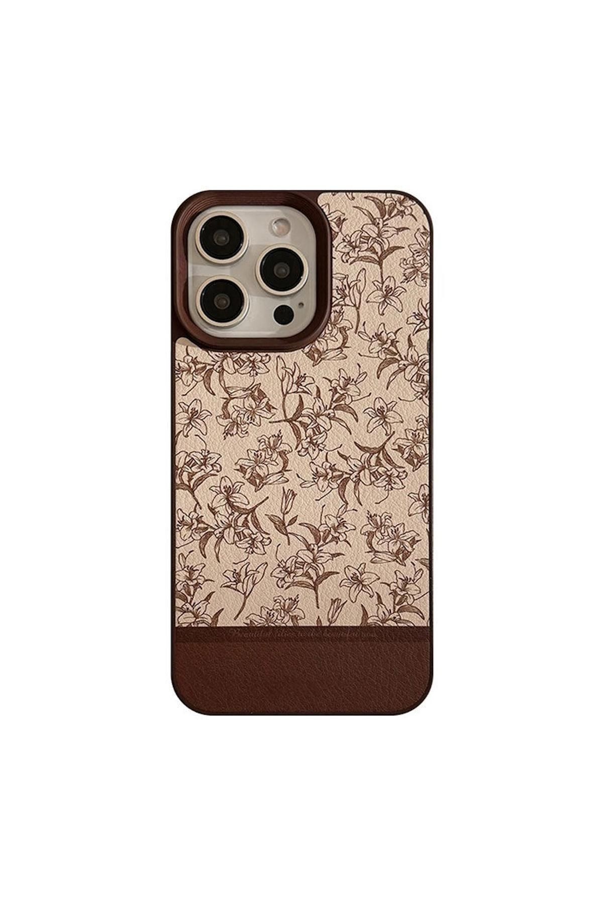Apple iPhone 16 Pro Max Uyumlu Kılıf Zebana Lily Flowers Silikon Kılıf Açık Kahverengi