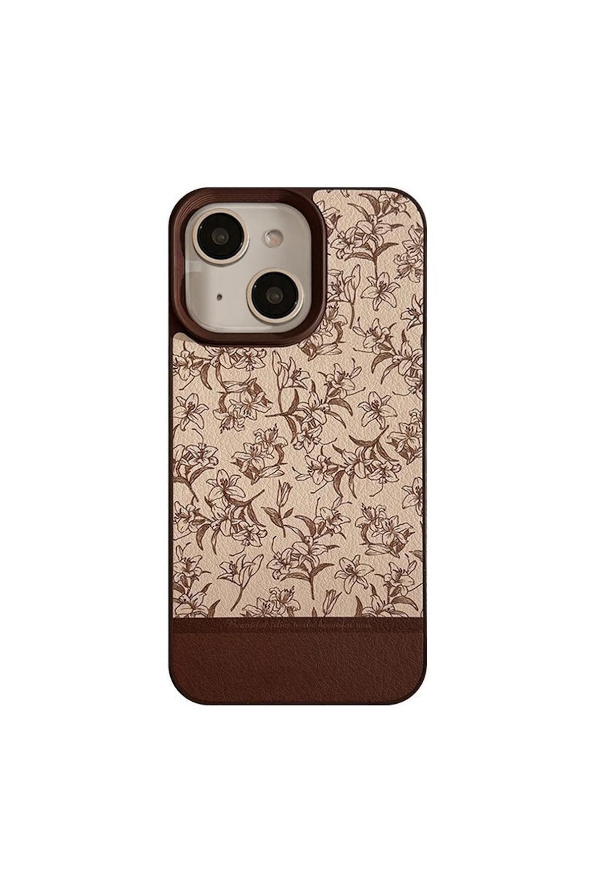 Apple iPhone 15 Uyumlu Kılıf Zebana Lily Flowers Silikon Kılıf Açık Kahverengi