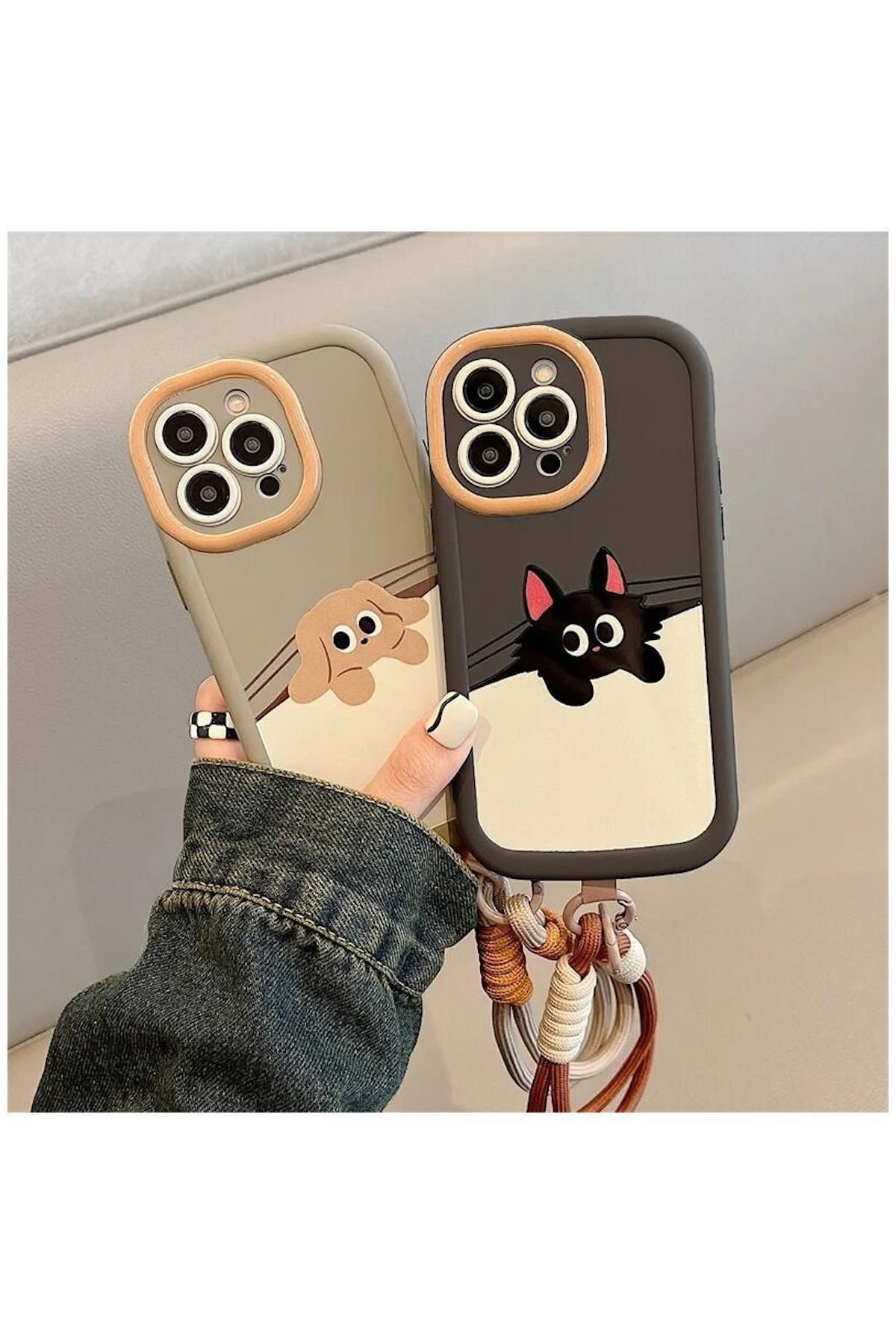 Apple Iphone 11 Uyumlu Kılıf El Bilekli Cat And Puppy Silikon Kılıf Bej