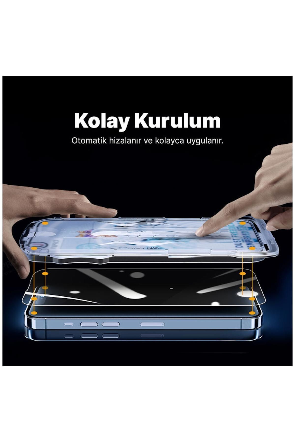 Apple Iphone 16 Plus Uyumlu Kolay Takma Aparatlı Hayalet Cam Ekran Koruyucu Siyah
