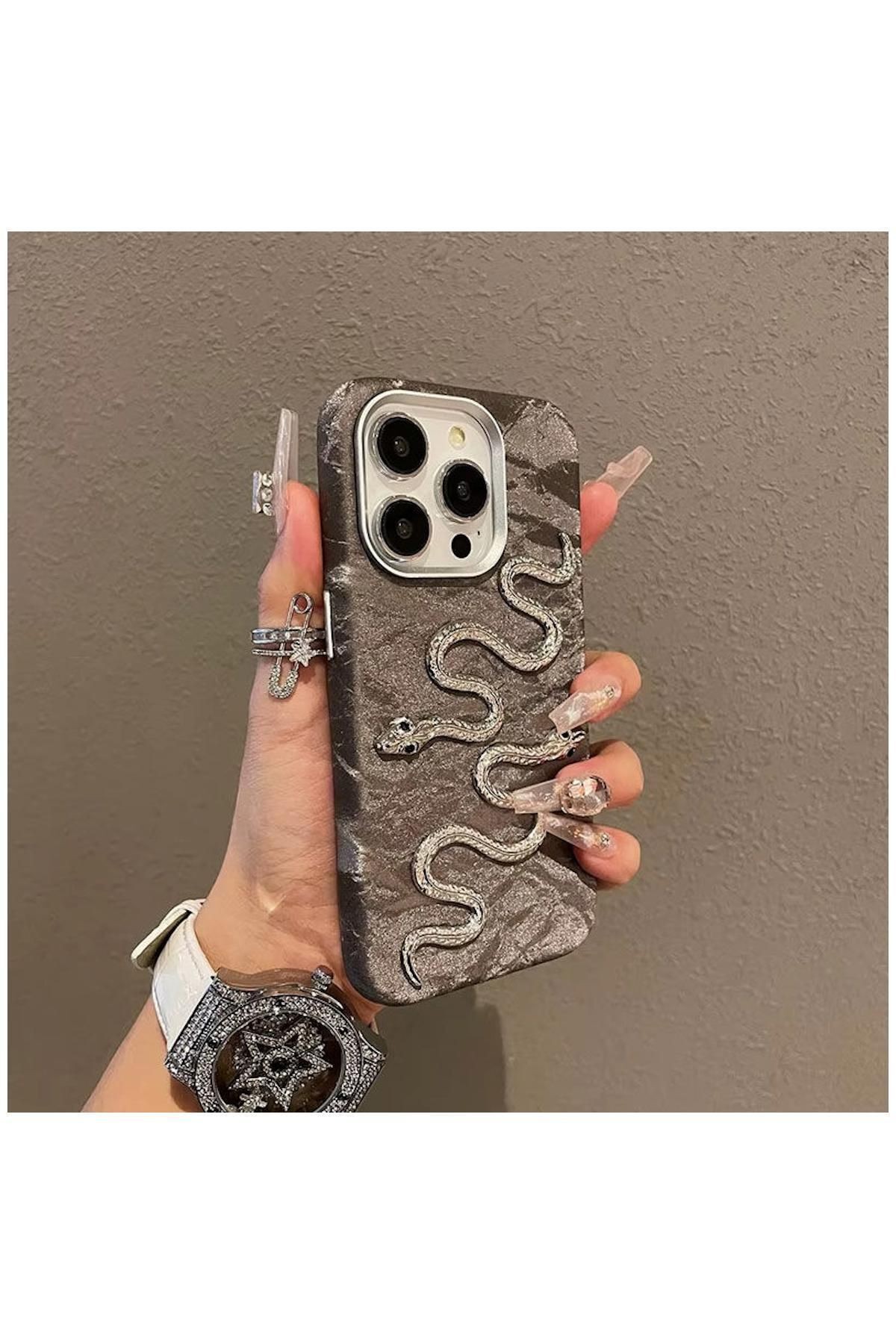 Apple iPhone 16 Pro Max Uyumlu Kılıf Zebana Serpent Kadife Kumaş Kılıf Gri