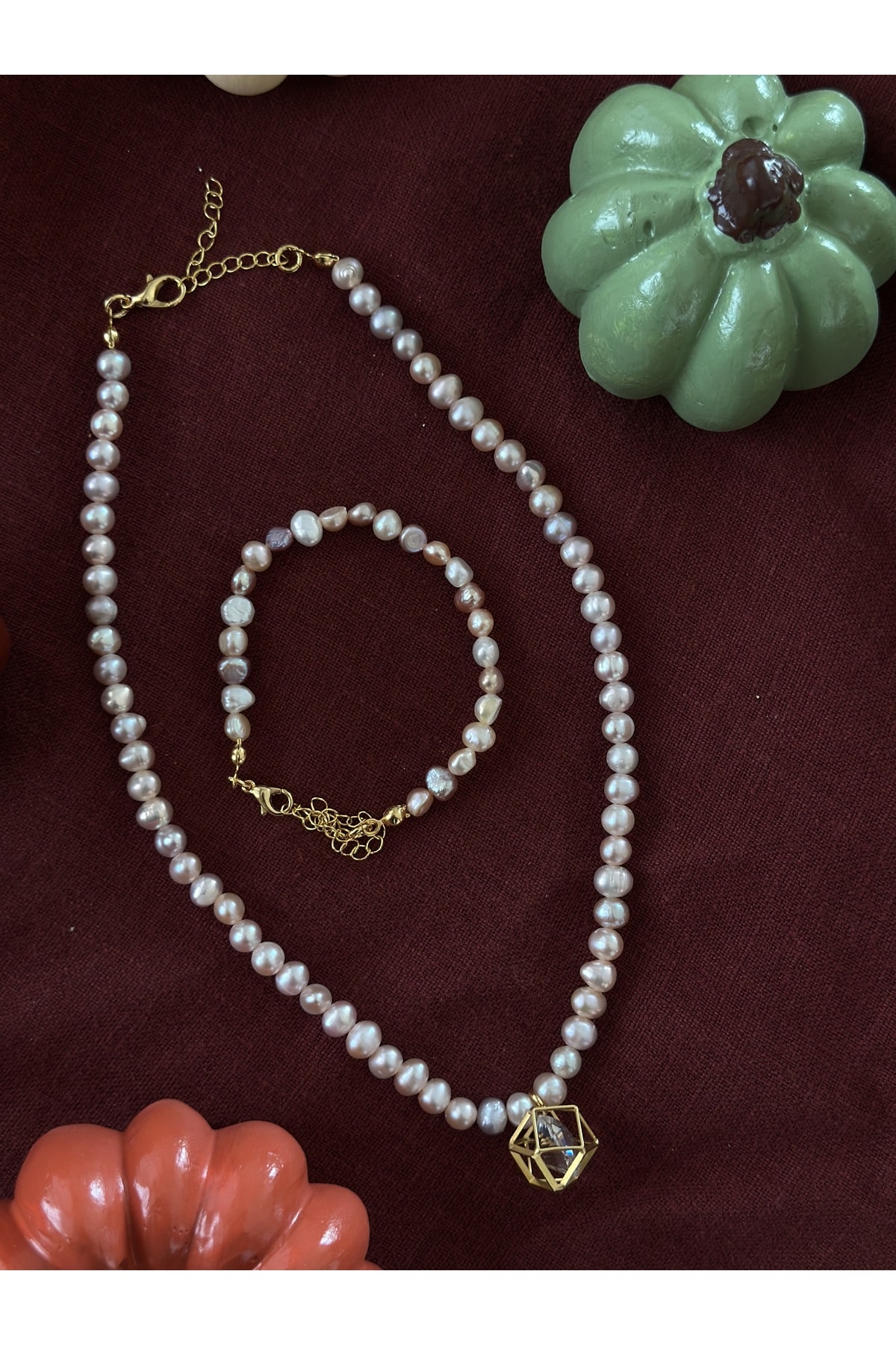 Geometrik Küp Charm İnci Set Kolye Bileklik