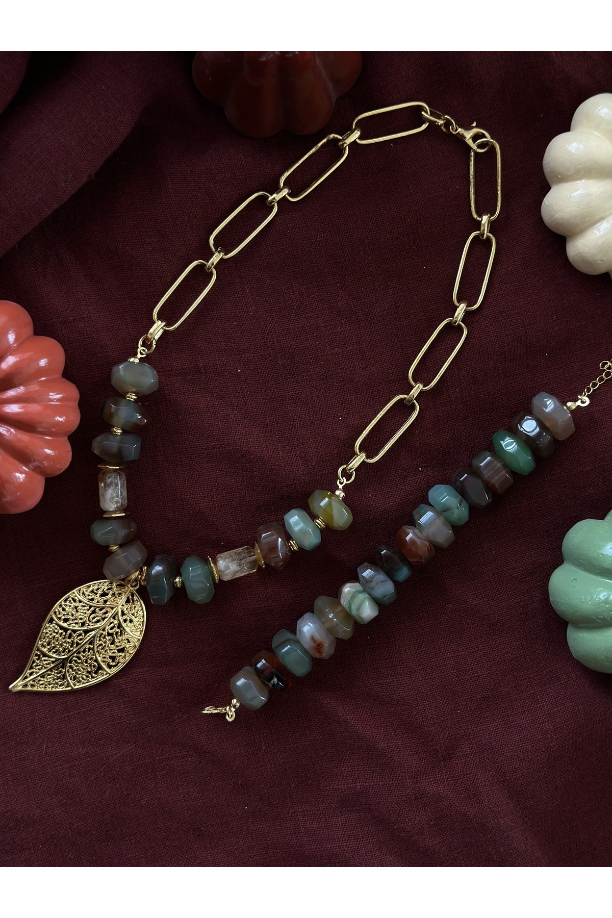 Akik Doğal Taş Yaprak Charm Set