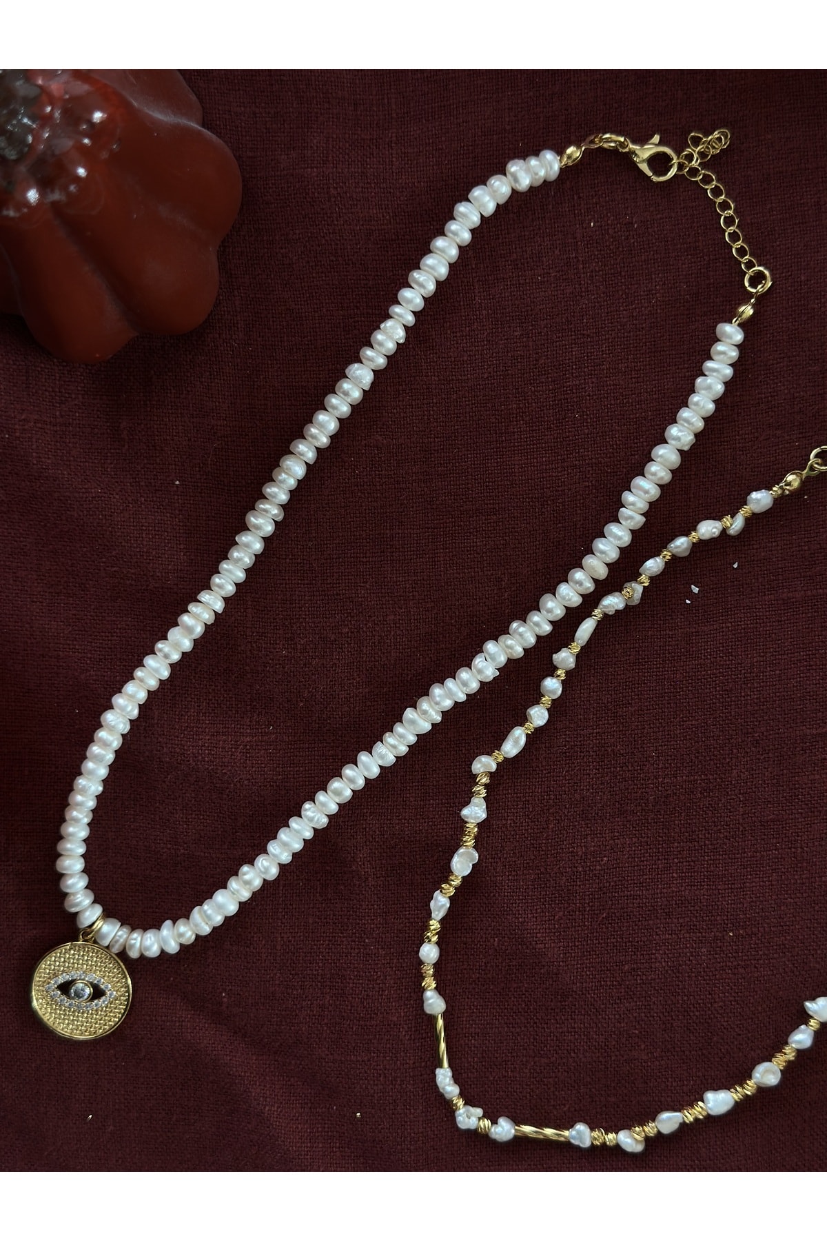 Göz Charm Mini İnci İkili Kolye set