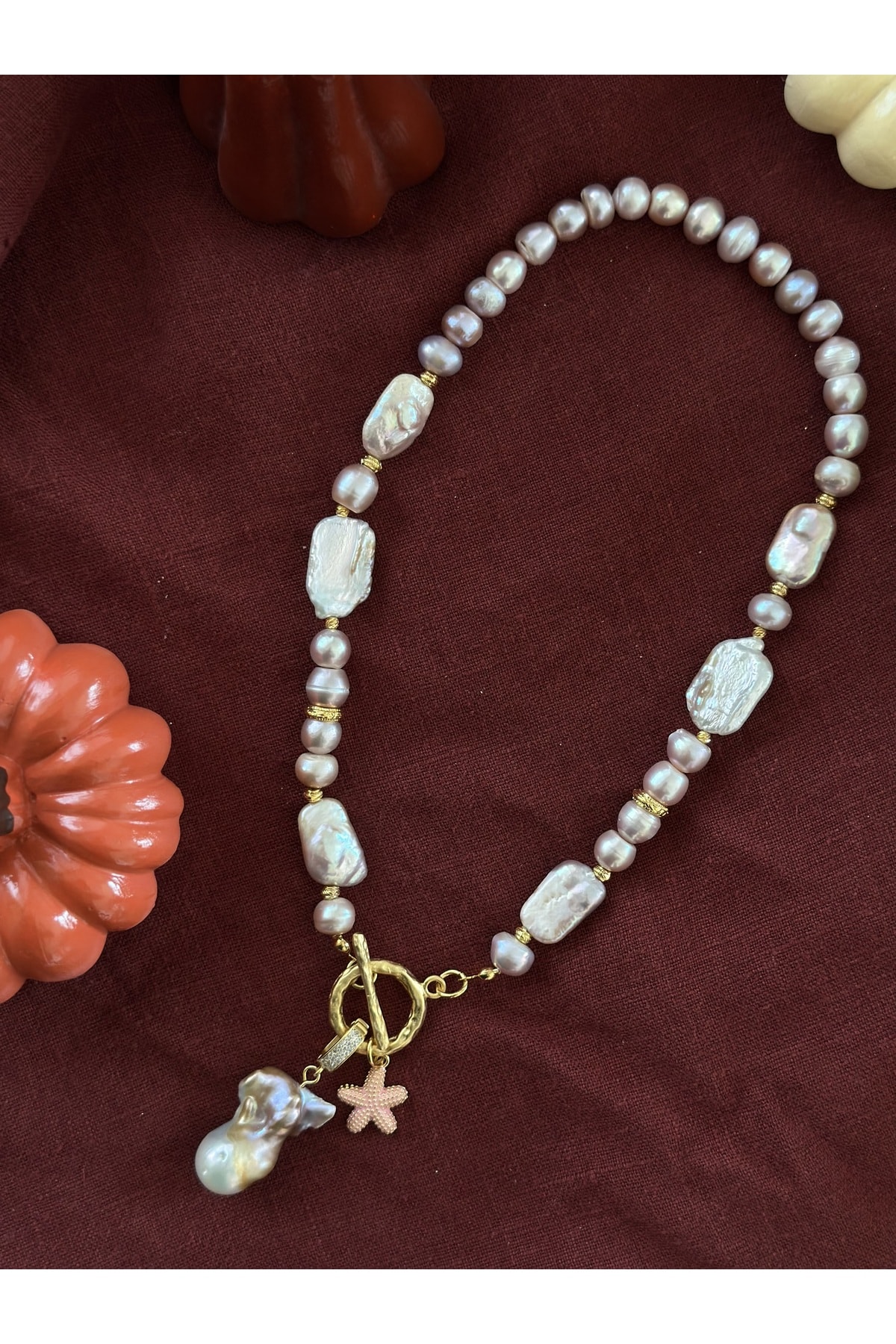 Pembe İnci Barok Kolye Deniz Yıldızı Uçlu