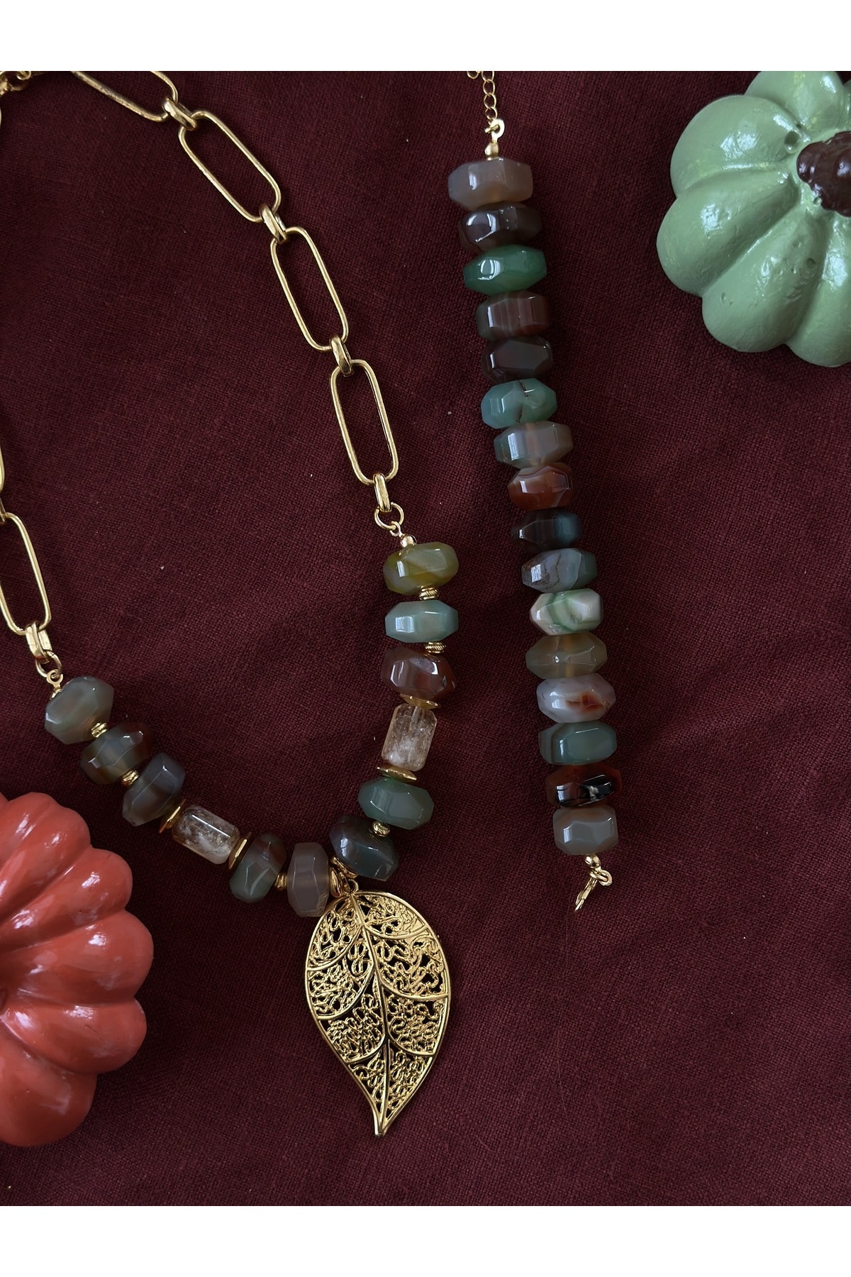 Akik Doğal Taş Yaprak Charm Set