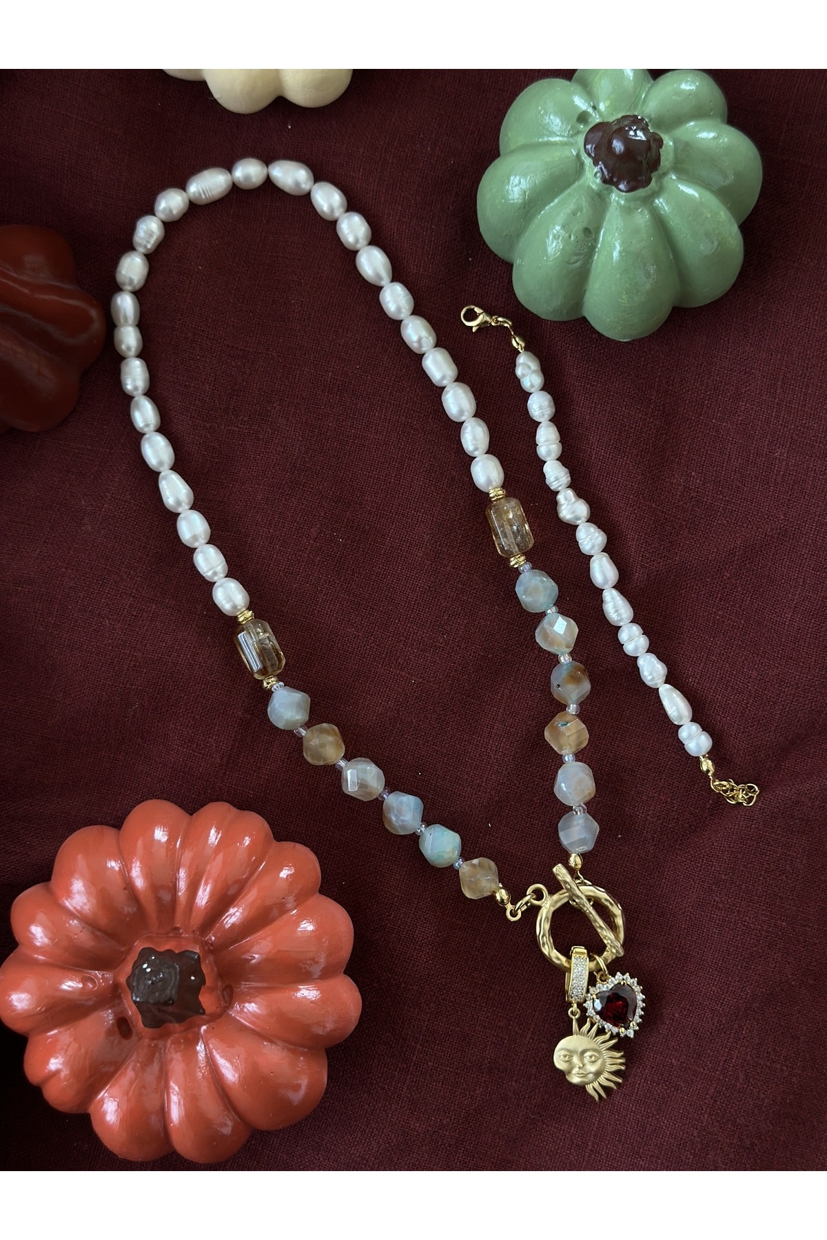 Doğal İnci Akik Set Güneş Kalp Charm