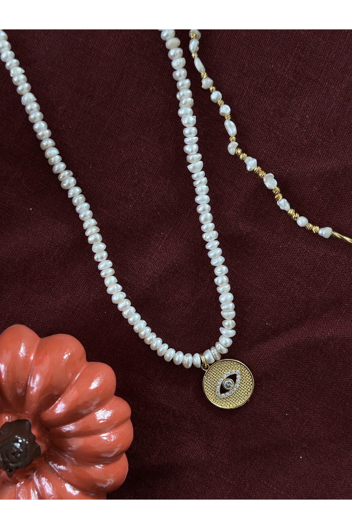 Göz Charm Mini İnci İkili Kolye set