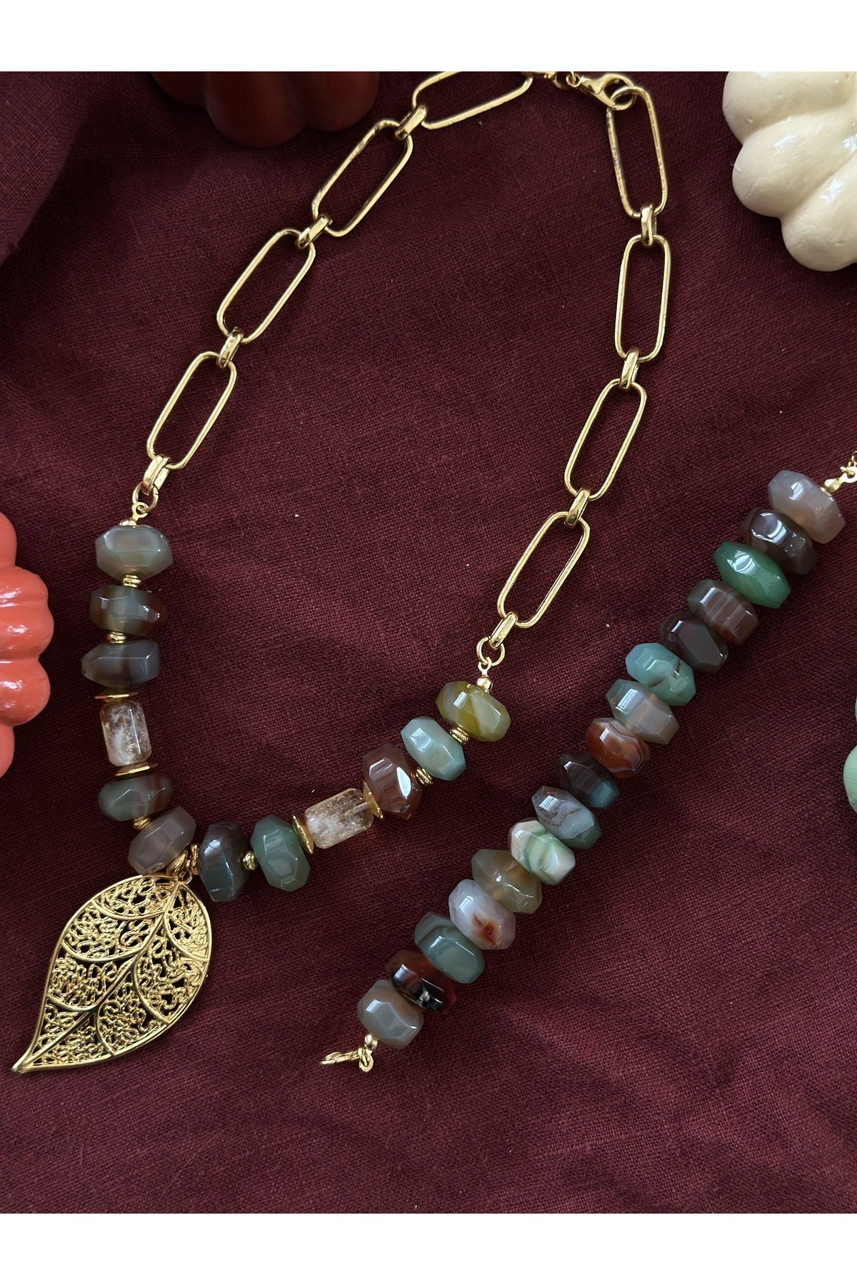 Akik Doğal Taş Yaprak Charm Set