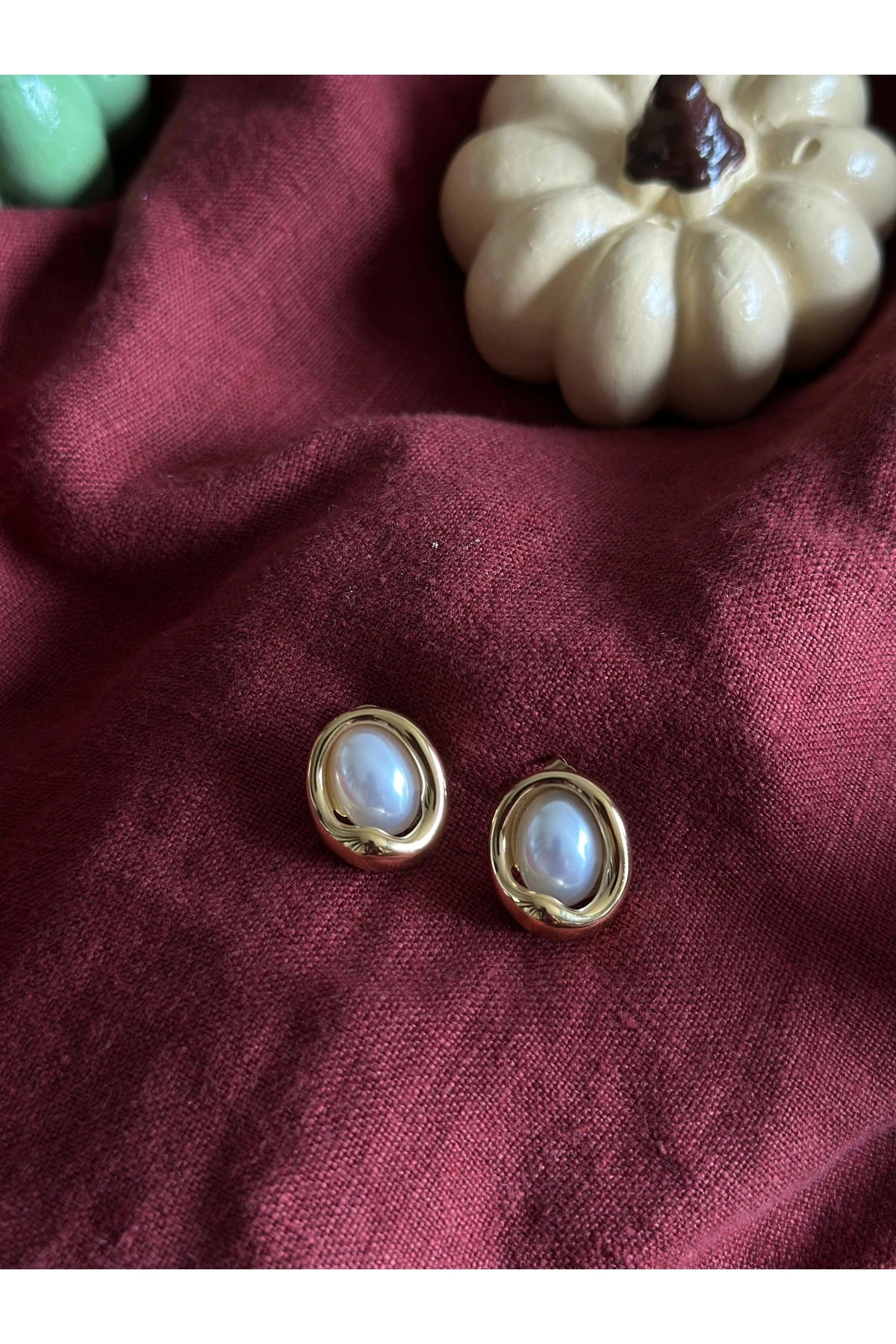 Oval İnci Gold Küpe