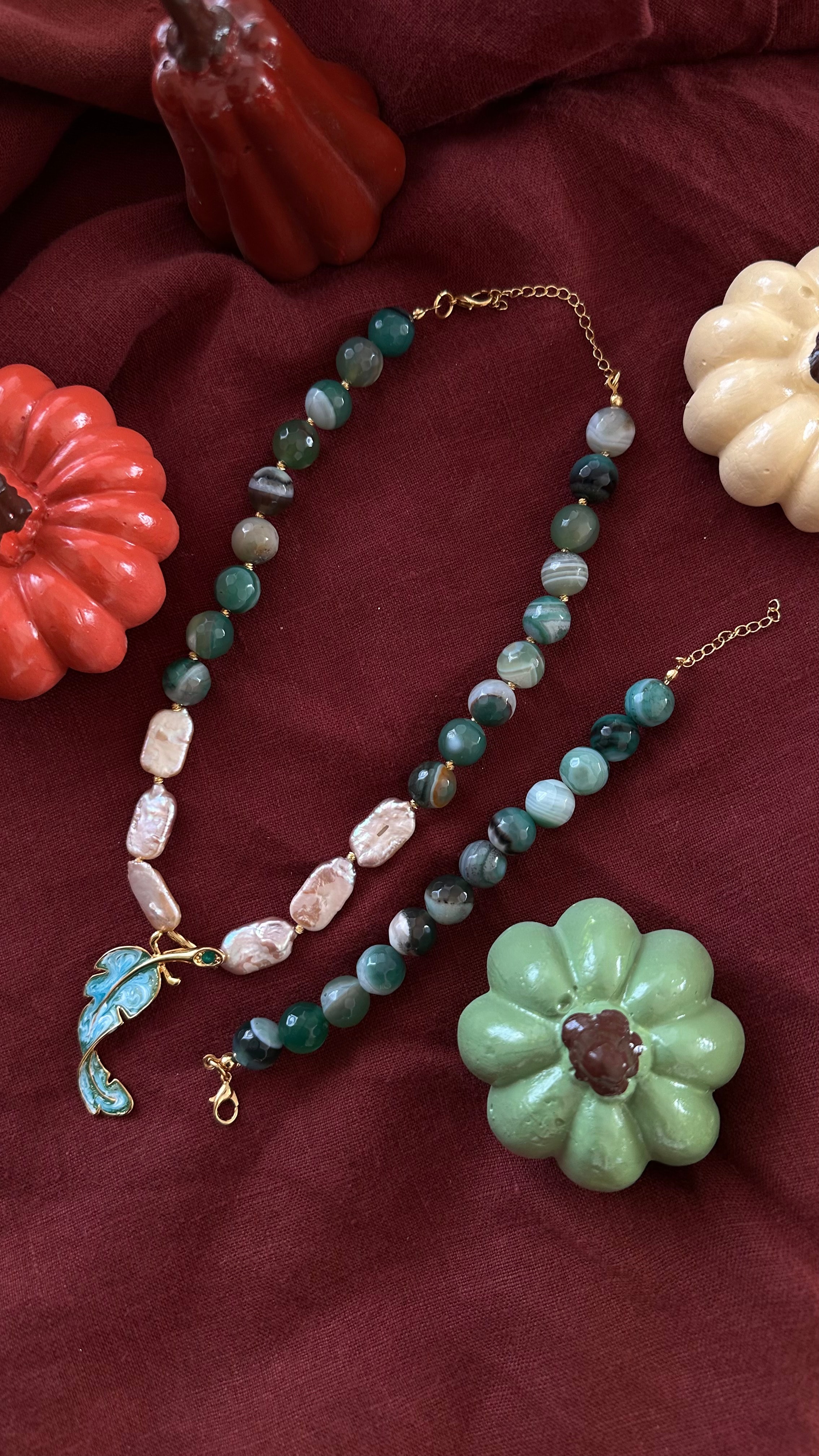 Yeşil Akik & İnci Set Bileklik Kolye