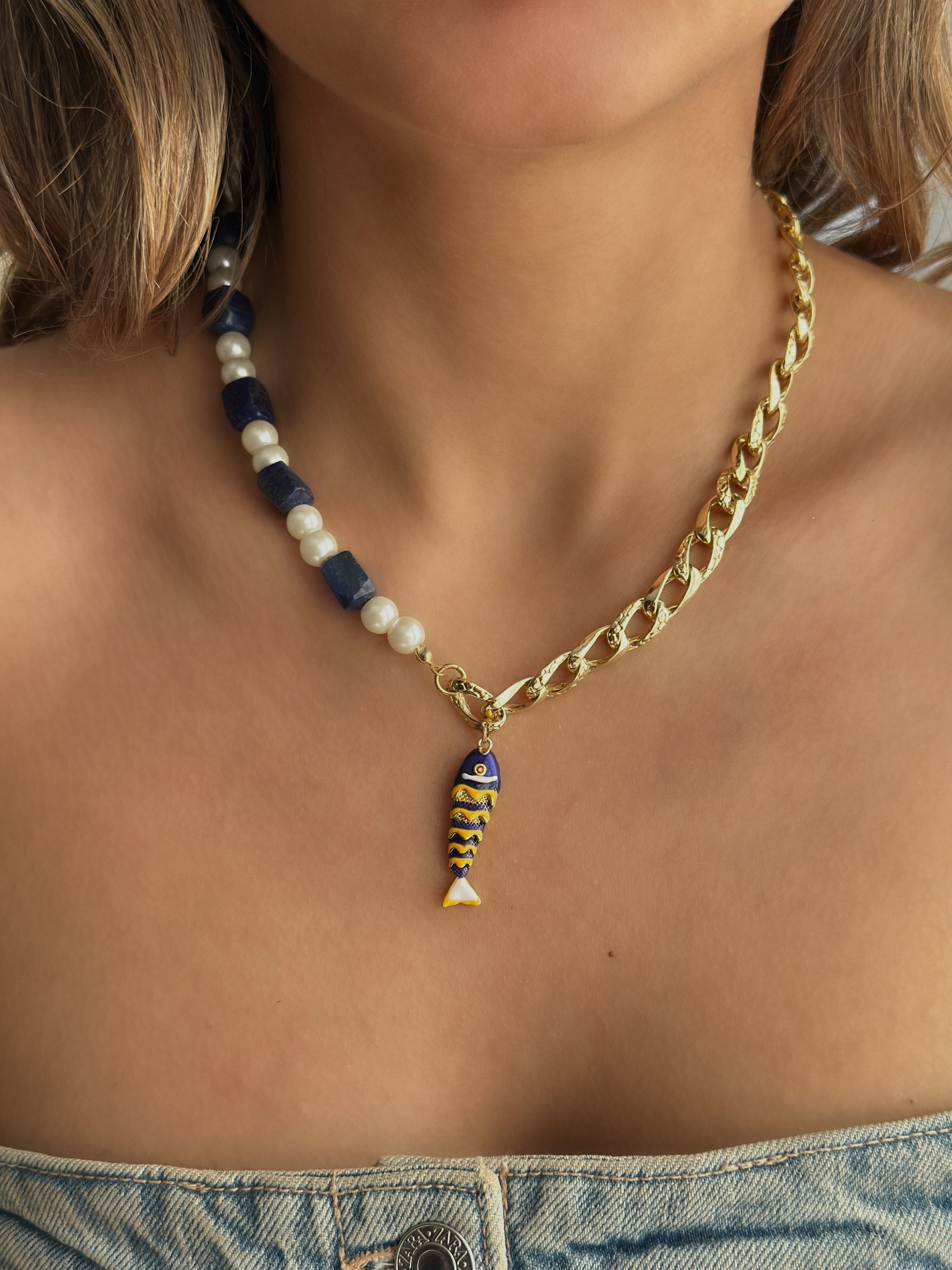 Balık Charm ve Lapis İnci Kolye