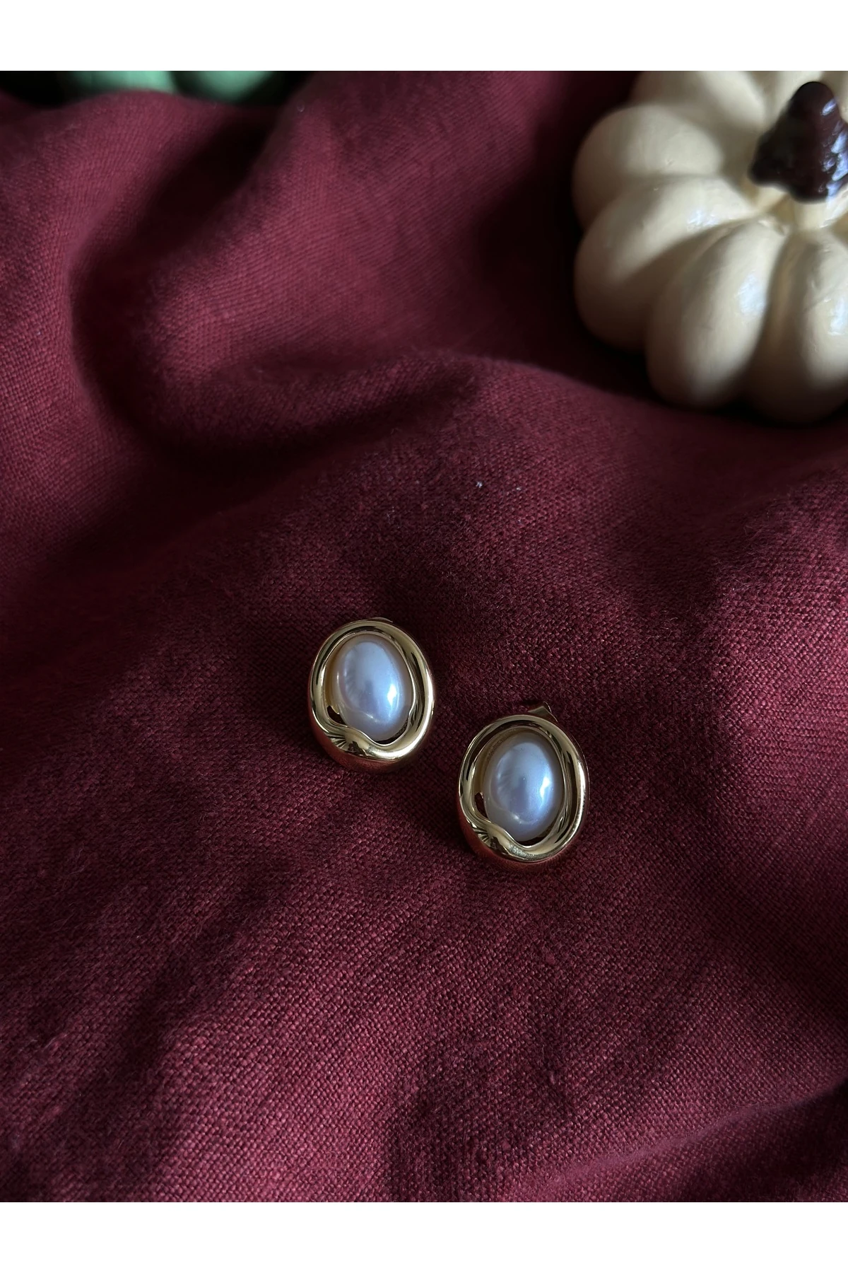 Oval İnci Gold Küpe