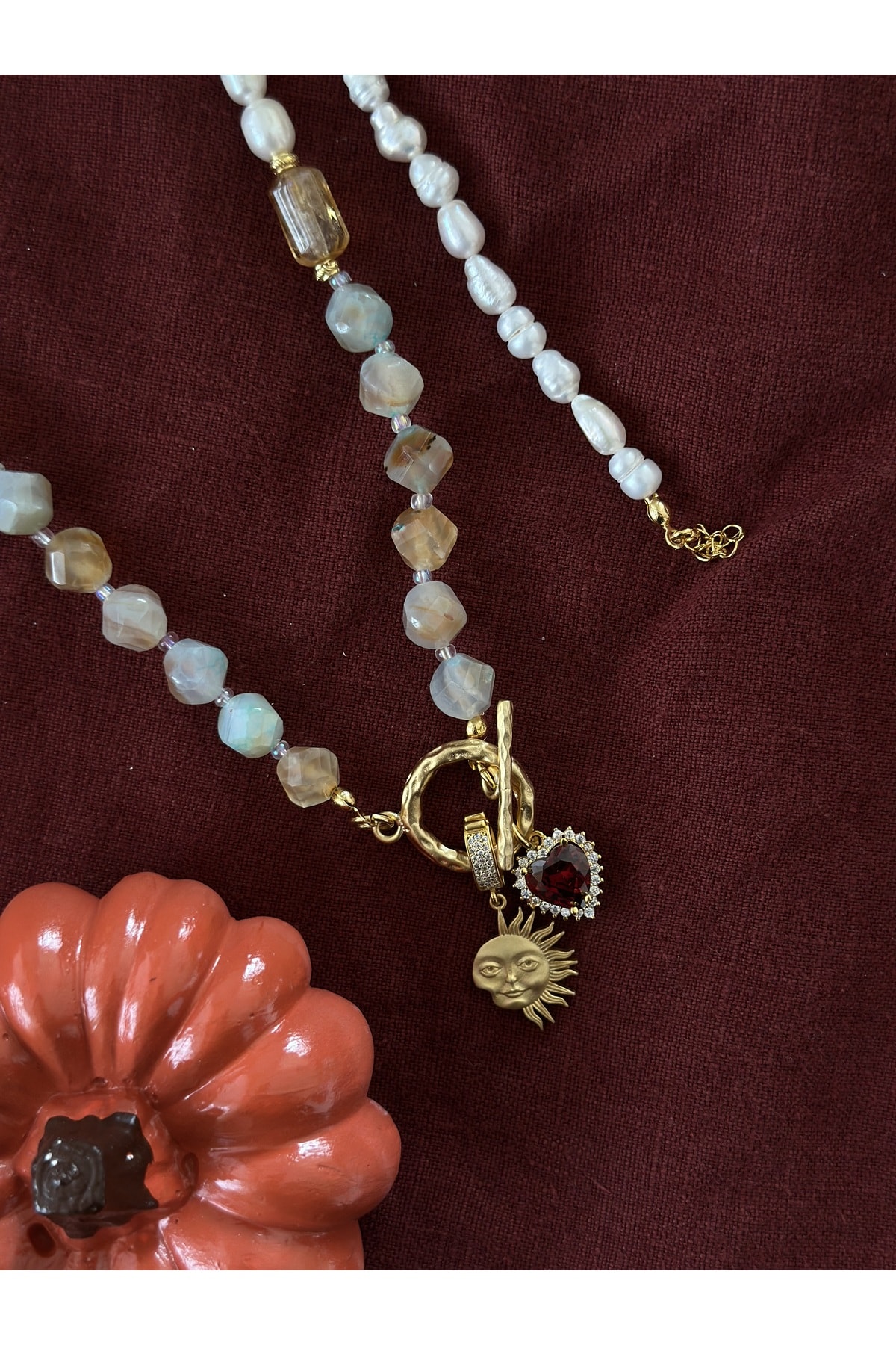 Doğal İnci Akik Set Güneş Kalp Charm