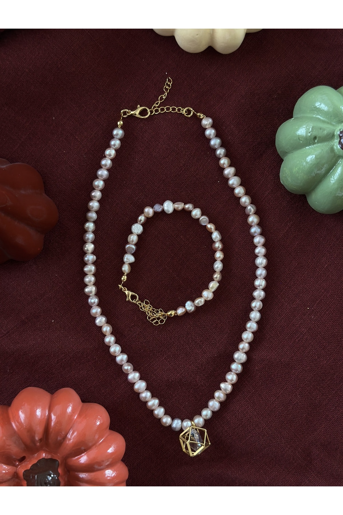 Geometrik Küp Charm İnci Set Kolye Bileklik