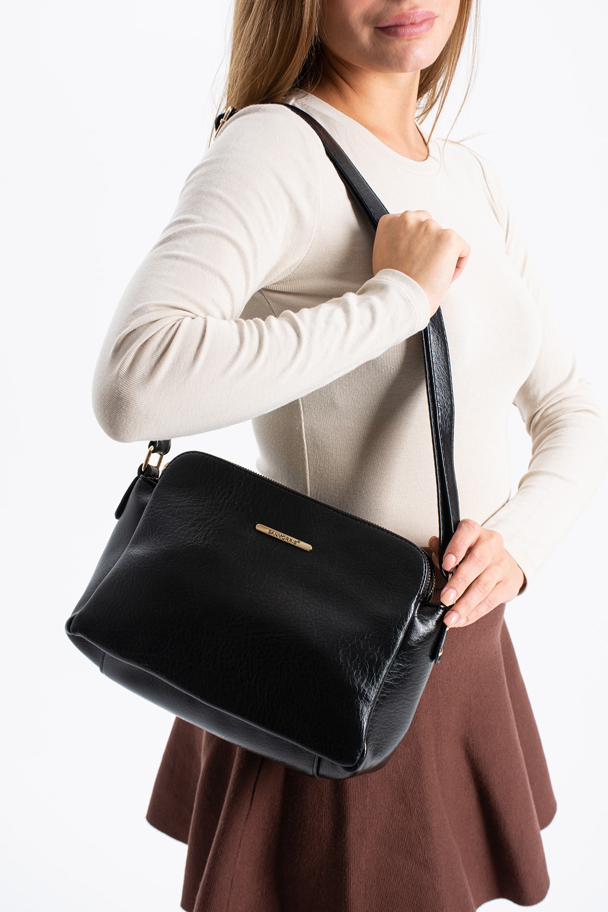 3 Bölmeli Kadın Çapraz Çanta Rafa - Mat Siyah