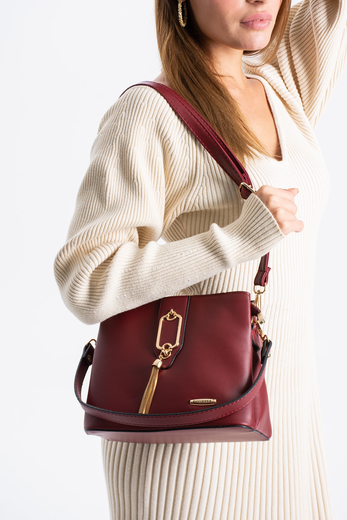 3 Bölme Diana Metal Tokalı Kol Ve Omuz Çantası - Bordo