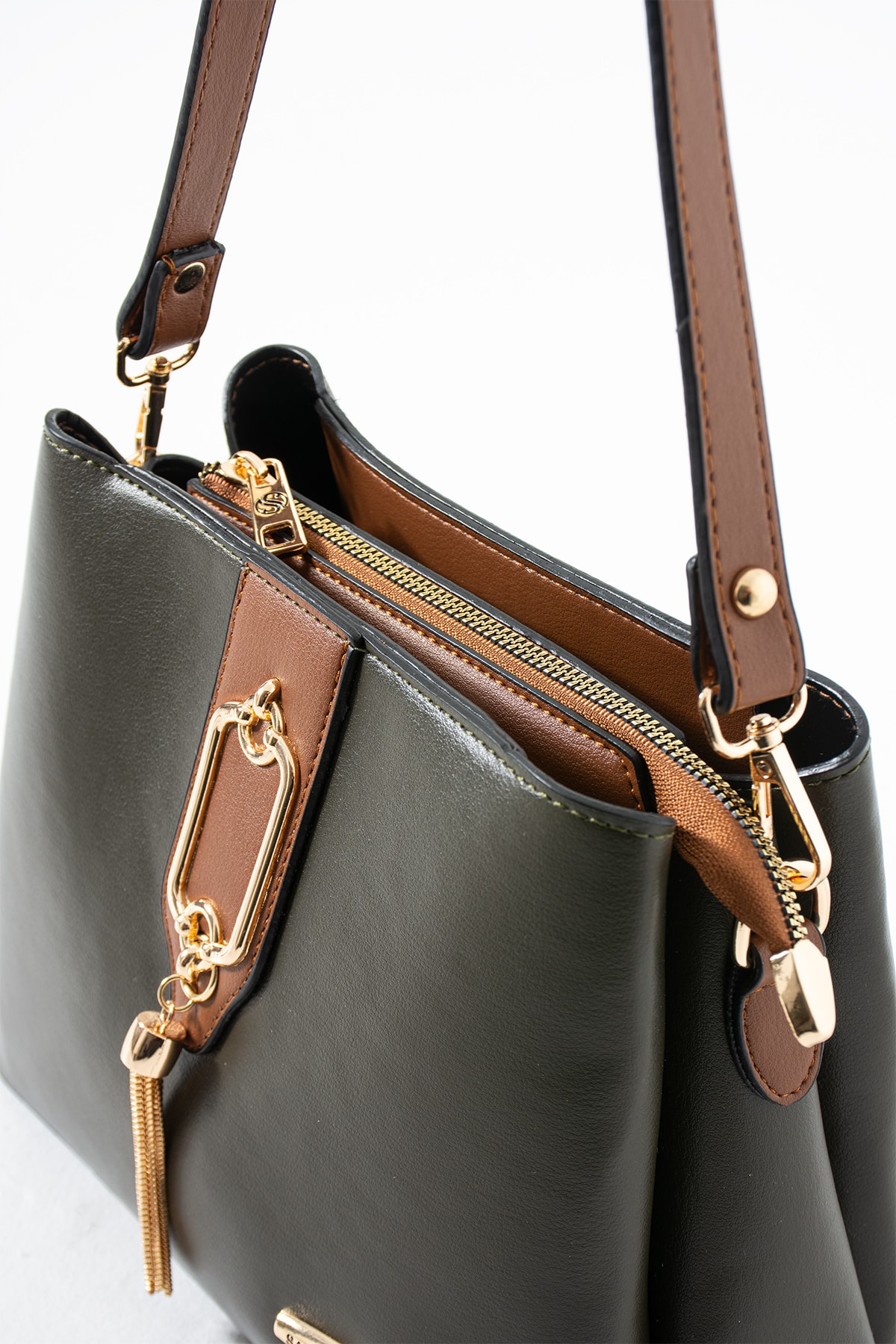 3 Bölme Diana Metal Tokalı Kol Ve Omuz Çantası - Haki Taba