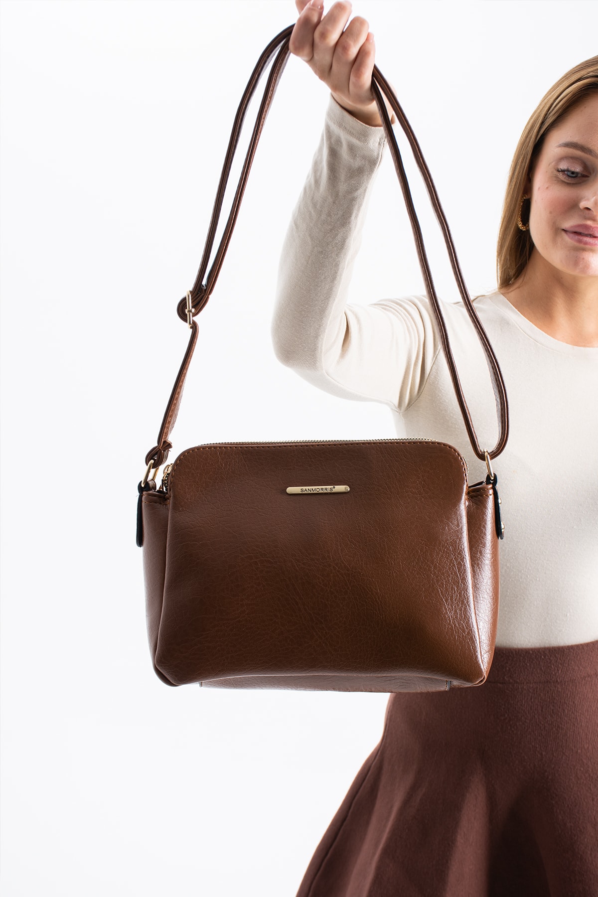 3 Bölmeli Kadın Çapraz Çanta Rafa - Taba