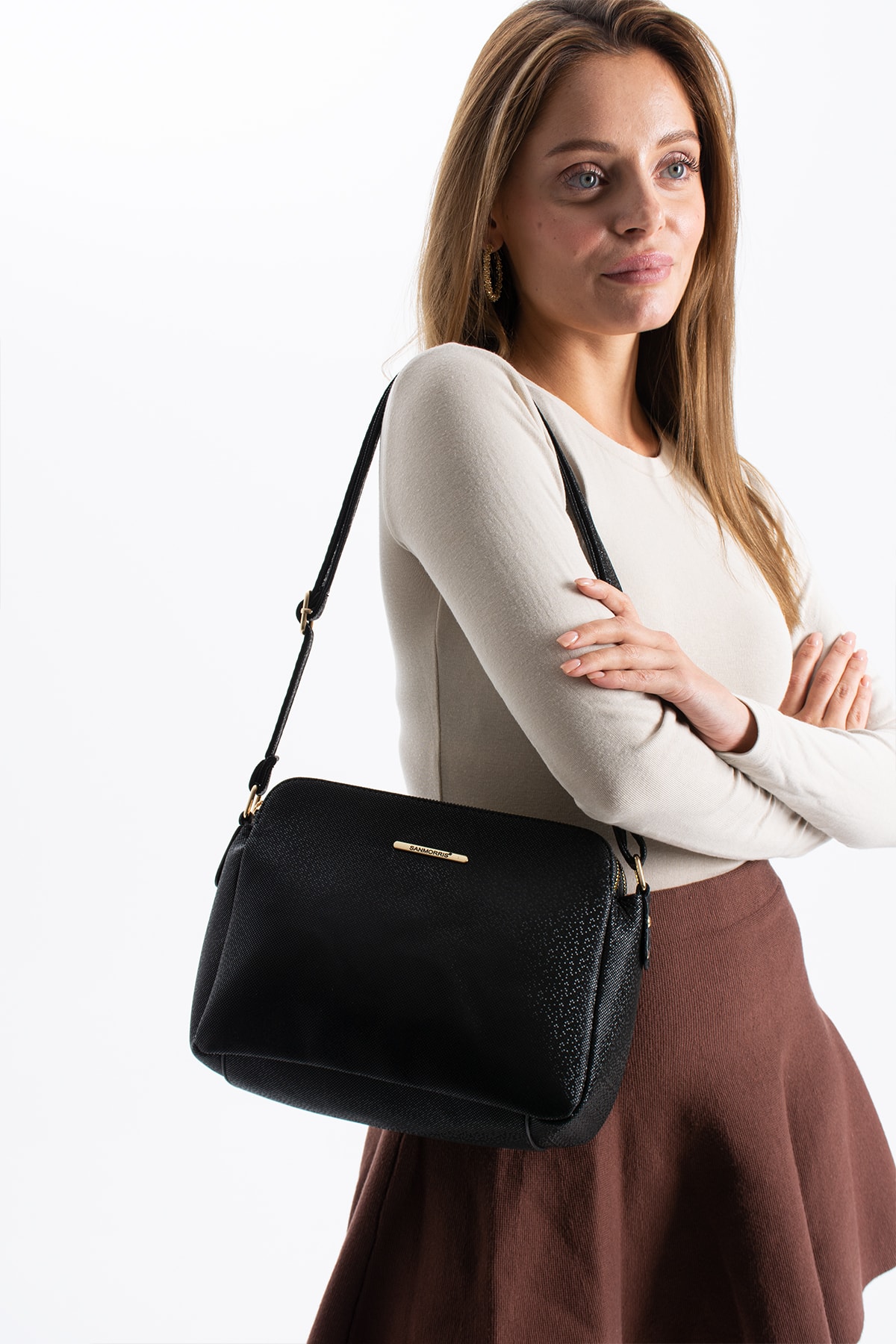 3 Bölmeli Kadın Çapraz Çanta Rafa - Siyah Mozaik