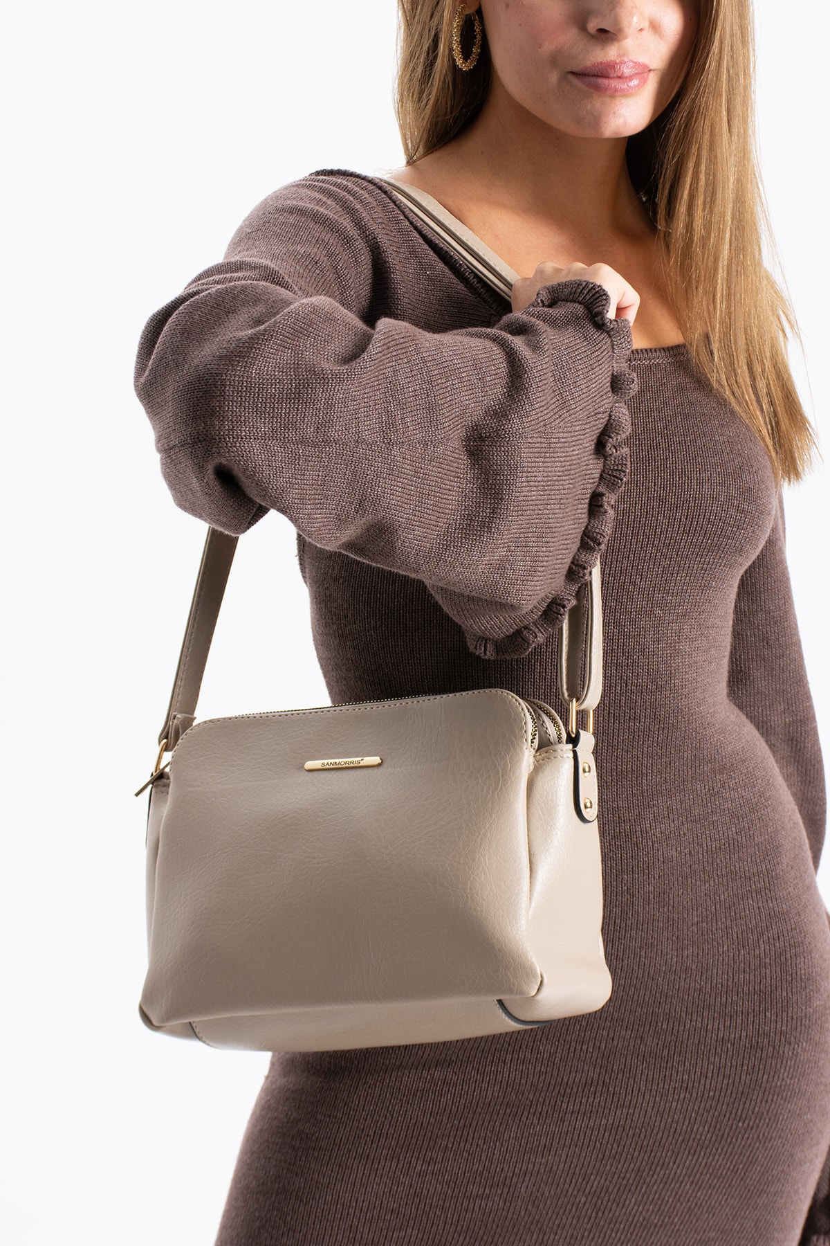 3 Bölmeli Kadın Çapraz Çanta Rafa - Mat Kum