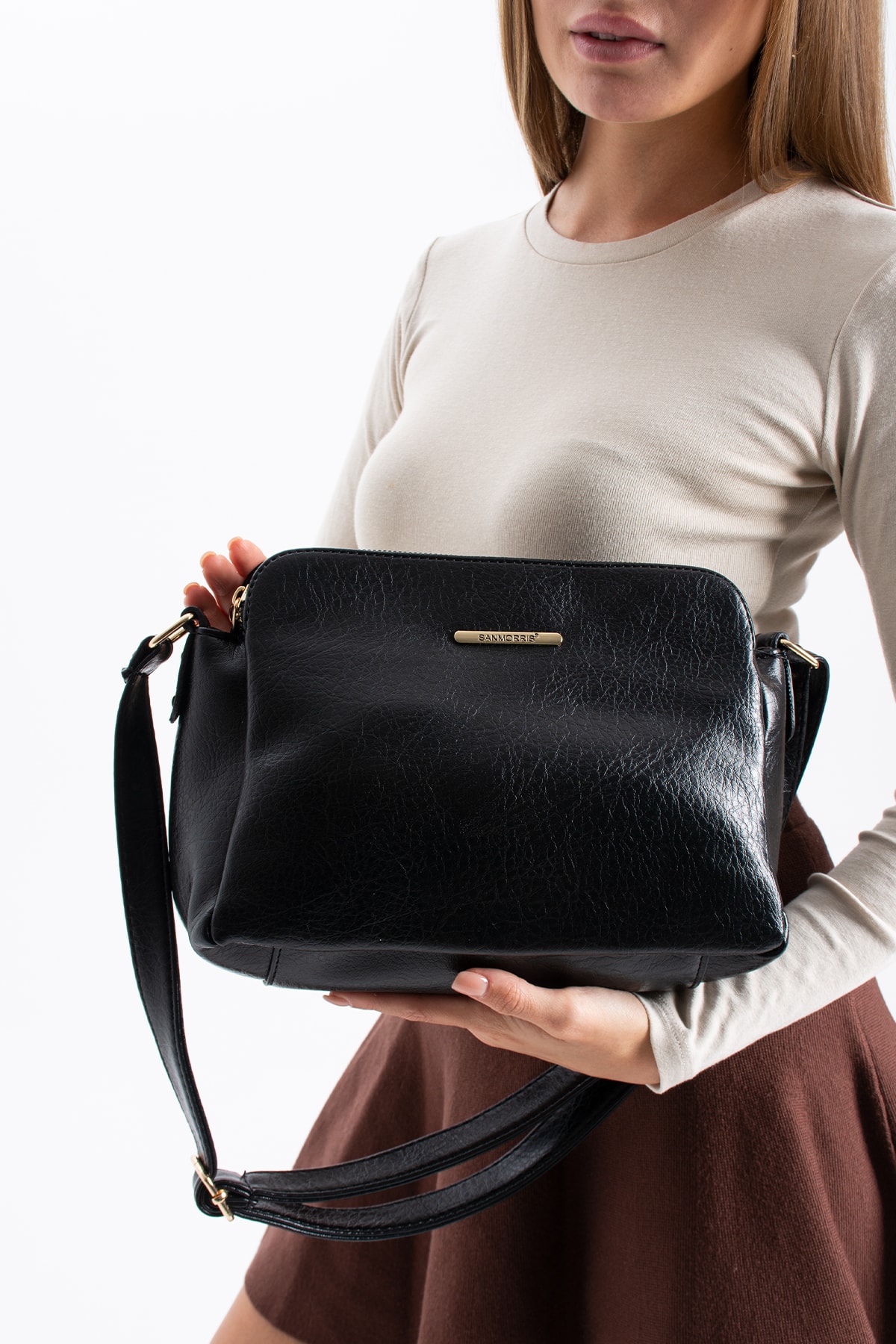 3 Bölmeli Kadın Çapraz Çanta Rafa - Mat Siyah