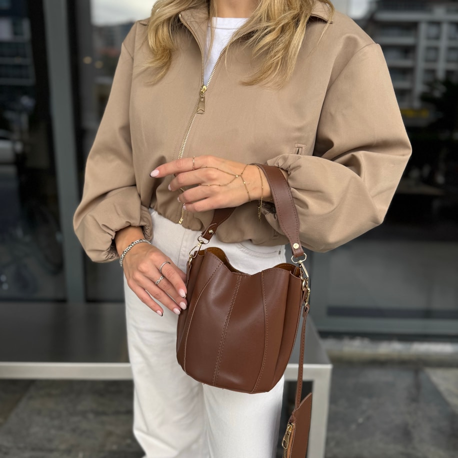 Cüzdanlı Çapraz Askılı Kadın Çantası Lenora - Taba