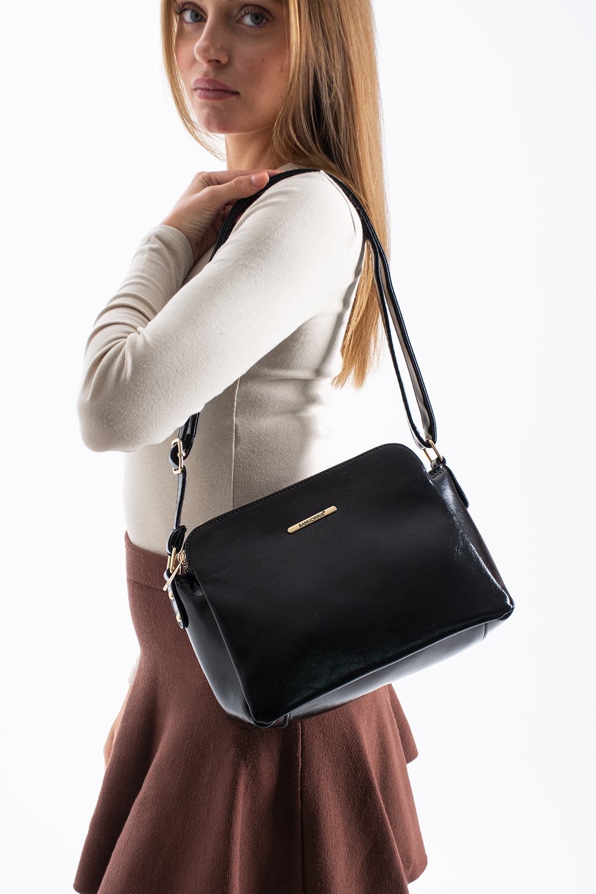 3 Bölmeli Kadın Çapraz Çanta Rafa - Rugan Siyah