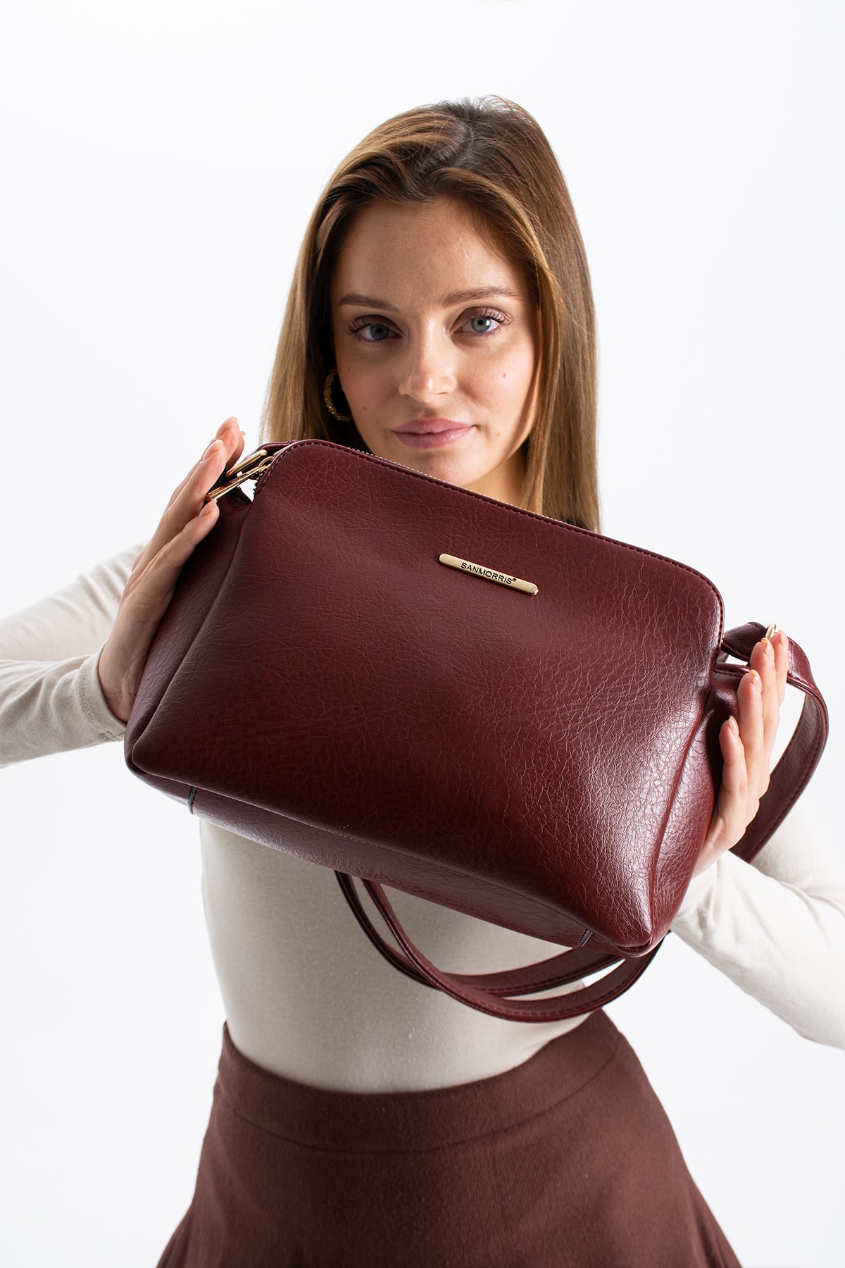 3 Bölmeli Kadın Çapraz Çanta Rafa - Bordo