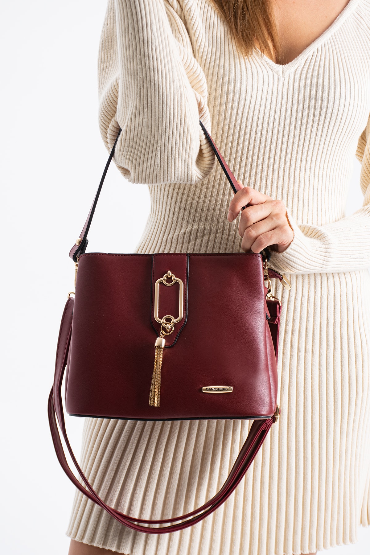 3 Bölme Diana Metal Tokalı Kol Ve Omuz Çantası - Bordo