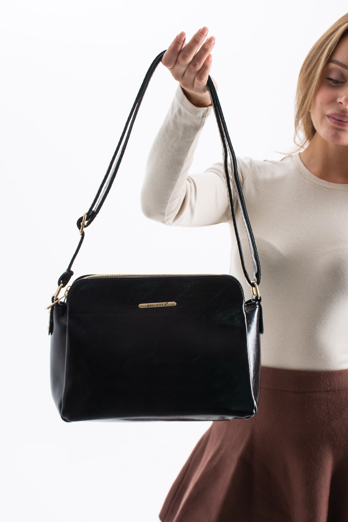 3 Bölmeli Kadın Çapraz Çanta Rafa - Rugan Siyah