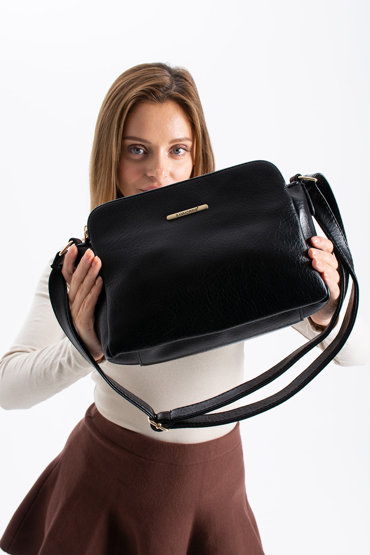 3 Bölmeli Kadın Çapraz Çanta Rafa - Mat Siyah