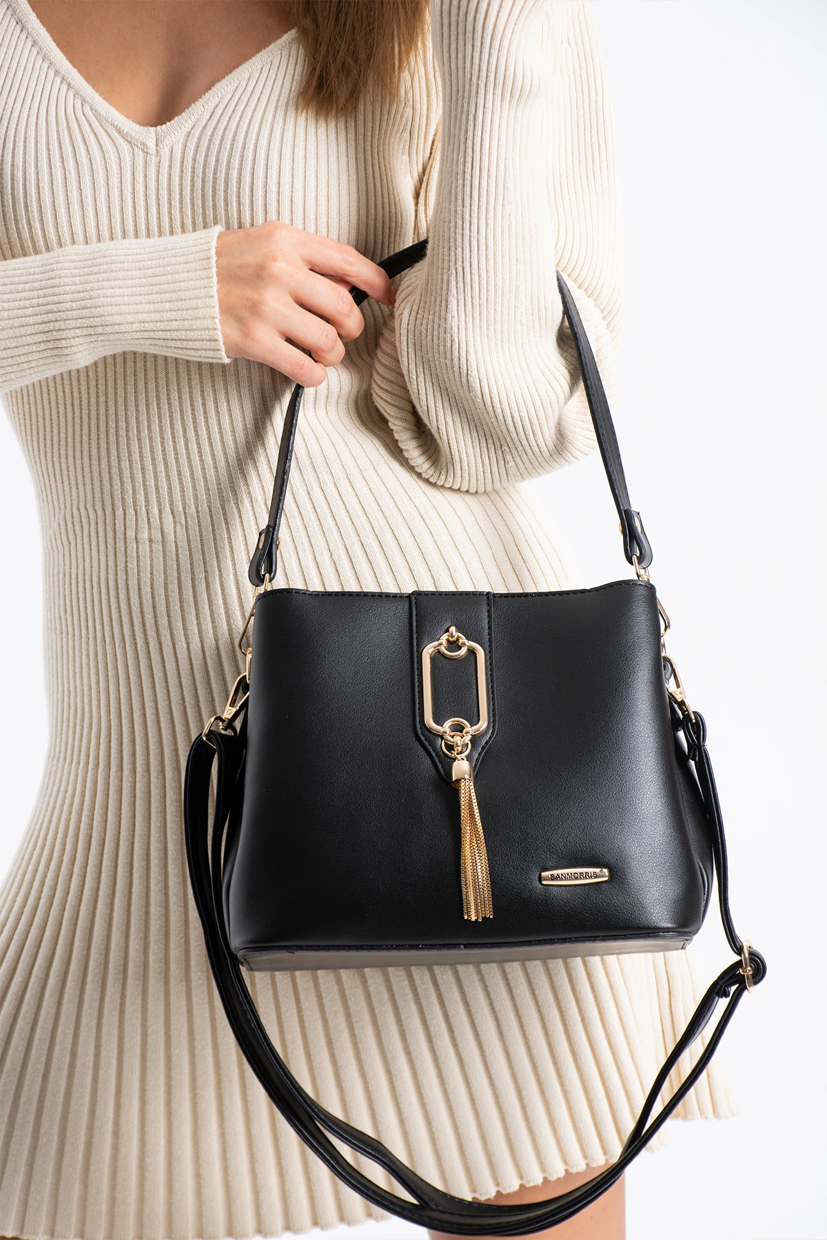 3 Bölme Diana Metal Tokalı Kol Ve Omuz Çantası - Mat Siyah