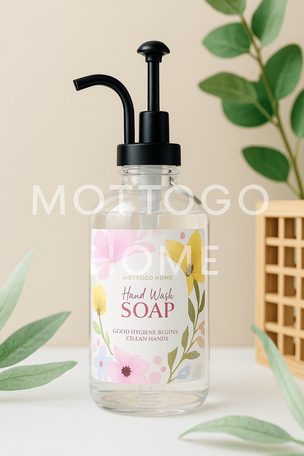 Cam Sıvı Sabunluk – Siyah Mat Pompalı, Floral Etiketli 500 ml 
