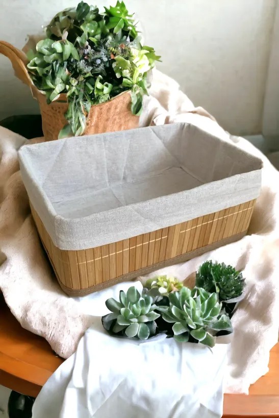 İçi Keten Katlanır Bambu Organizer Sepet 32x23x12 Cm