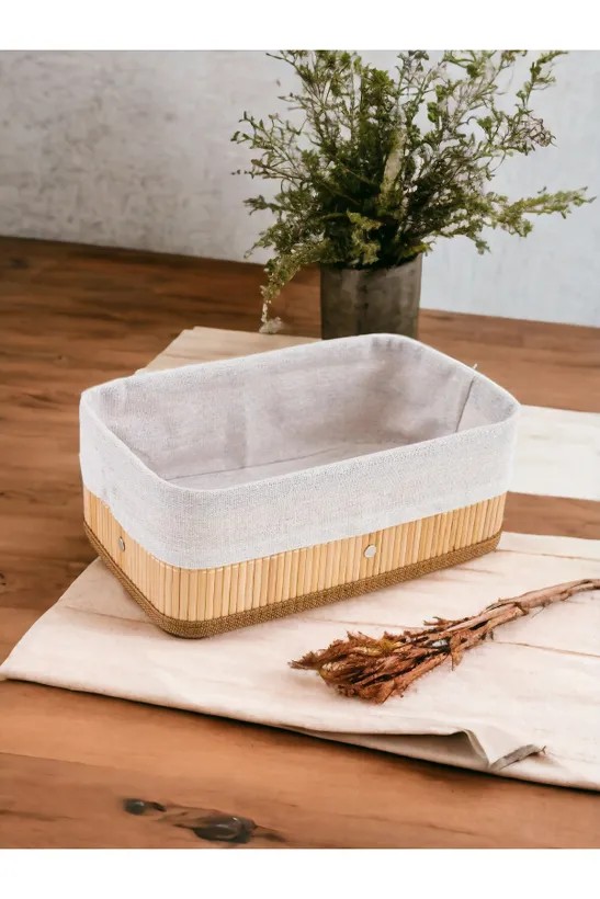 İçi Keten Katlanır Bambu Organizer Sepet 29x19x10Cm