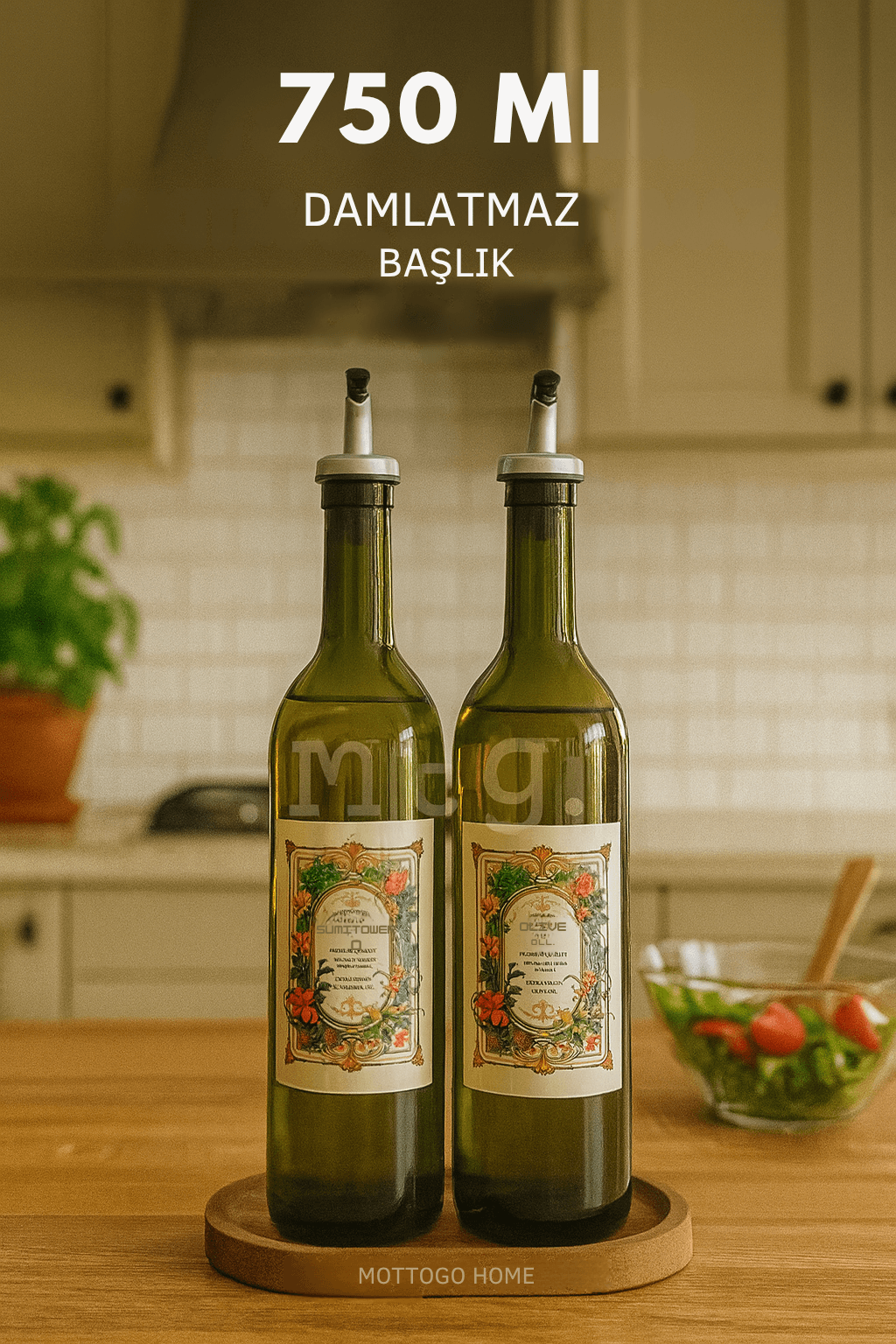 2'li 750 Ml Zeytinyağı Sıvıyağ Şişesi Yağdanlık Cam Şişe - Vintage Etiketli