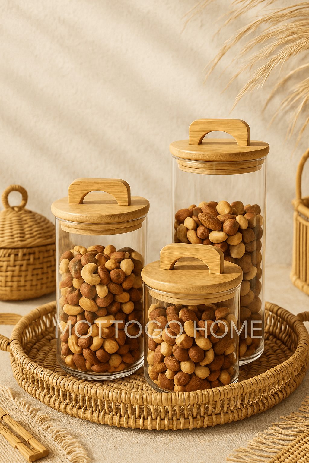 Bambu Vakum Kapaklı 3'lü Kavanoz Seti (1380 ml, 950 ml, 650 ml)