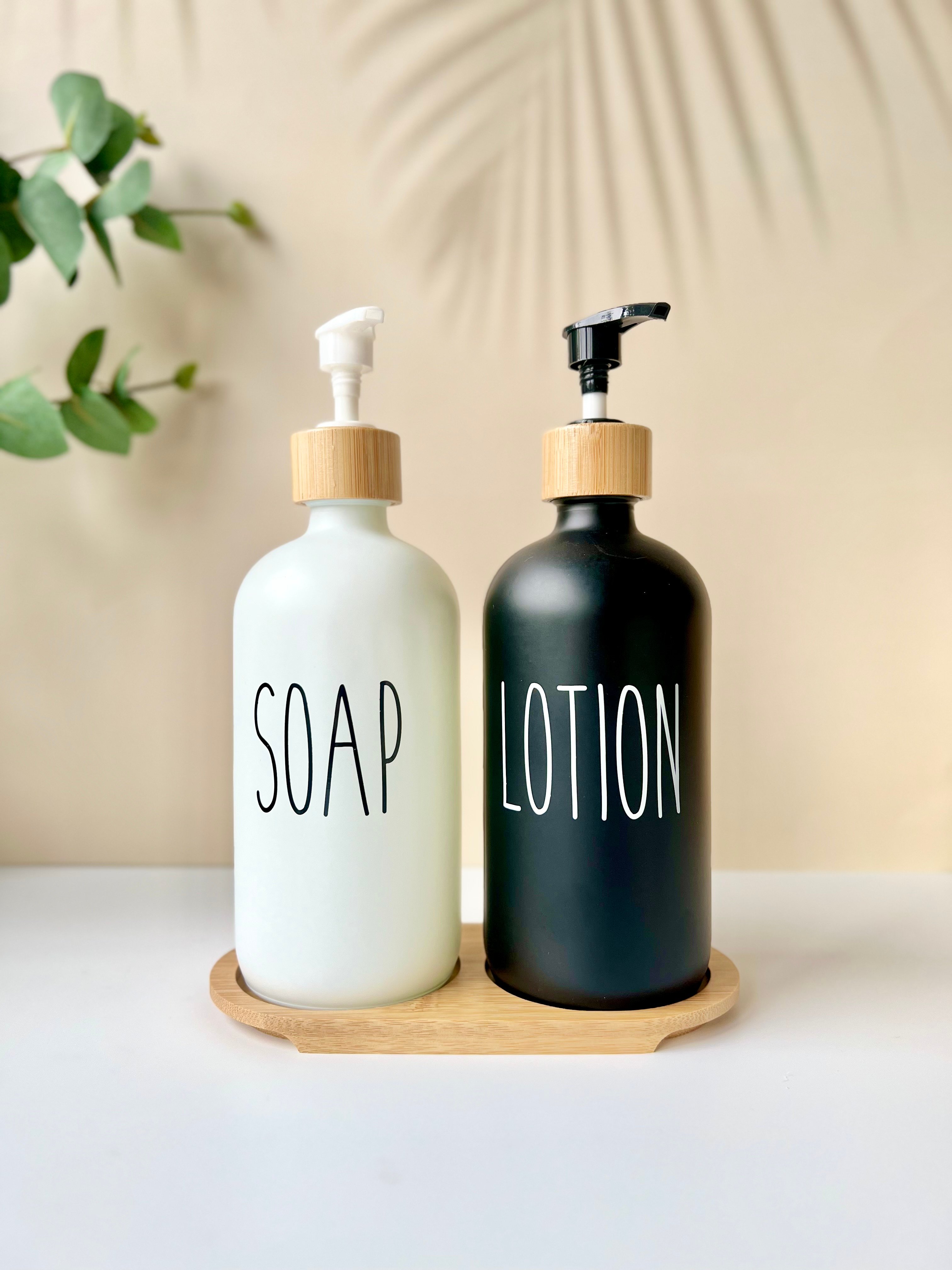 2'li Bambu Altlıklı Beyaz ve Siyah Cam Lotion | Soap Sabunlu Seti