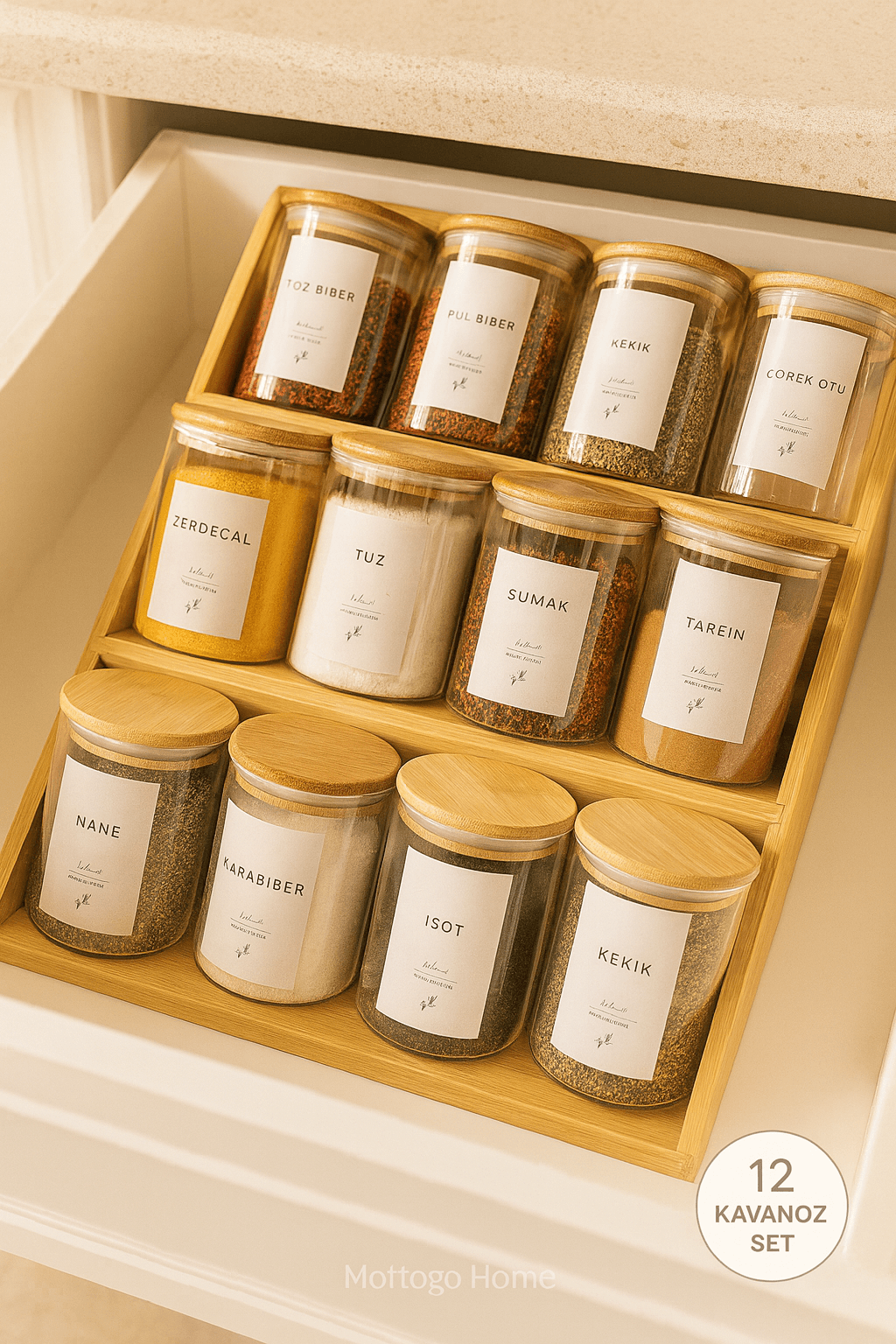 12’li Vakumlu Baharatlık Seti 200 ml – Çekmece İçi & Tezgâh Üstü – Bambu 3 Katlı Merdiven Standlı