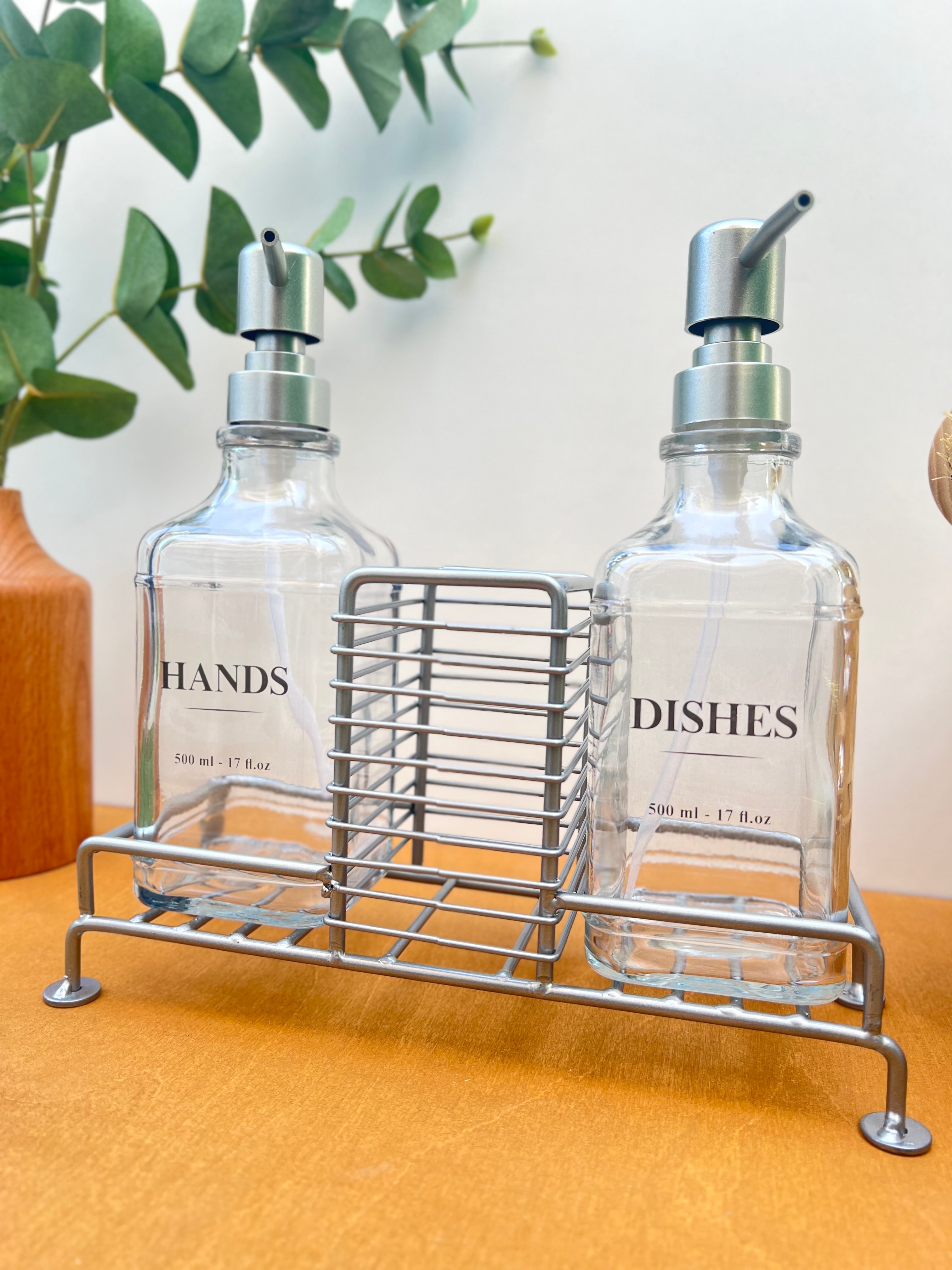 2'li Standlı Cam Sabunluk Bulaşıklık Seti Gri