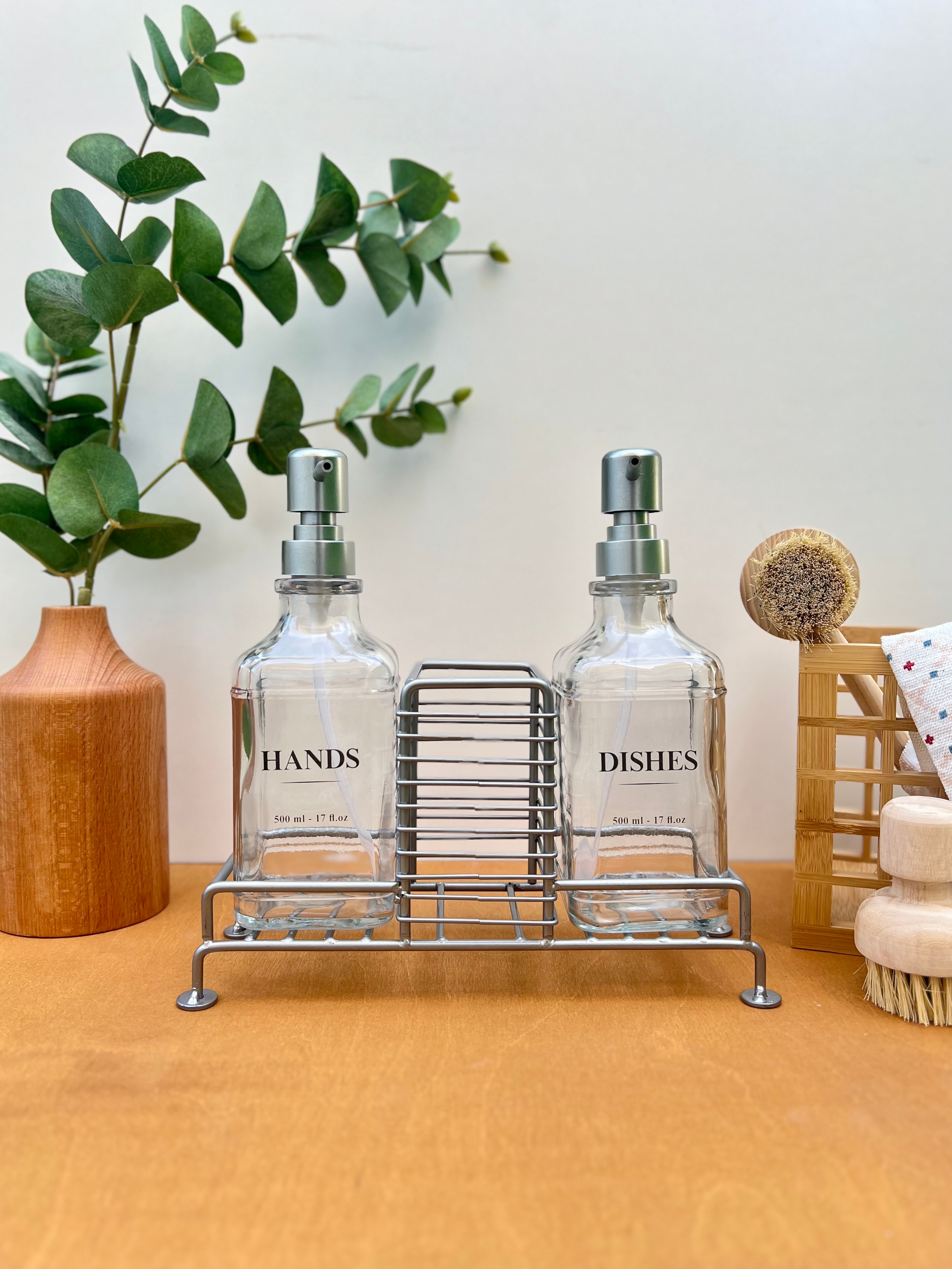 2'li Standlı Cam Sabunluk Bulaşıklık Seti Gri