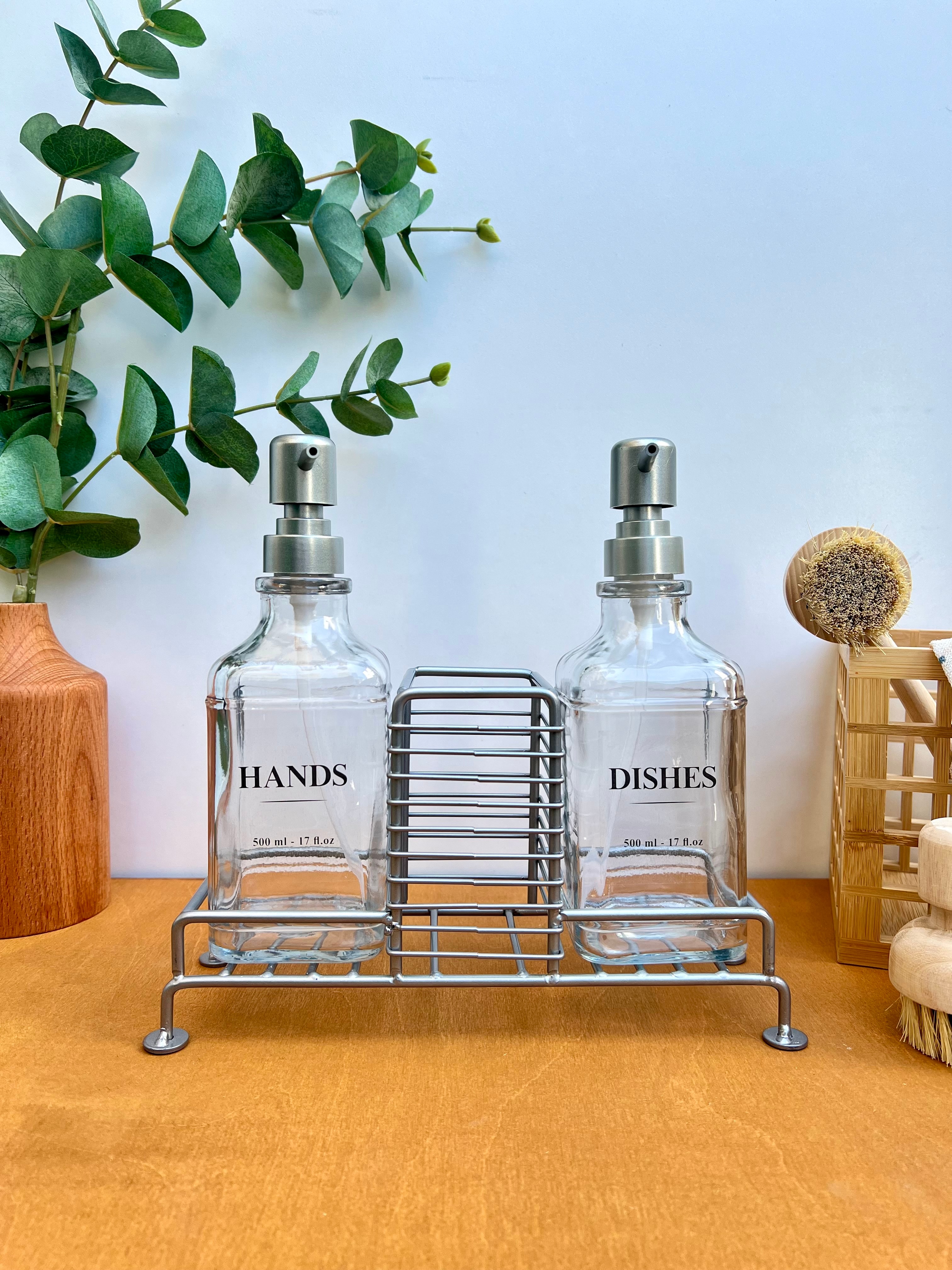 2'li Standlı Cam Sabunluk Bulaşıklık Seti Gri