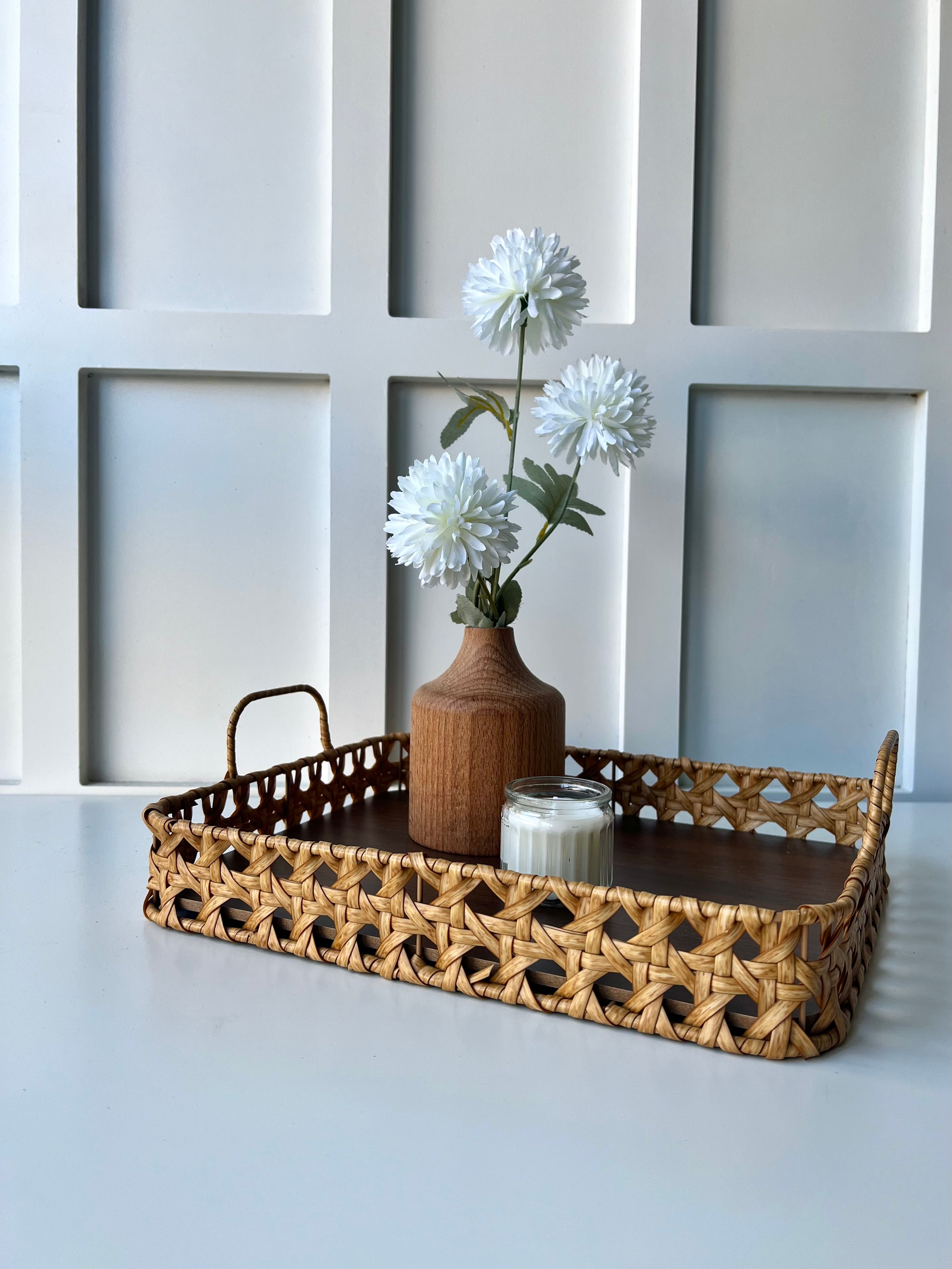 Kulplu Dikdörtgen Rattan Tepsi Büyük Boy 33x25x5 Cm