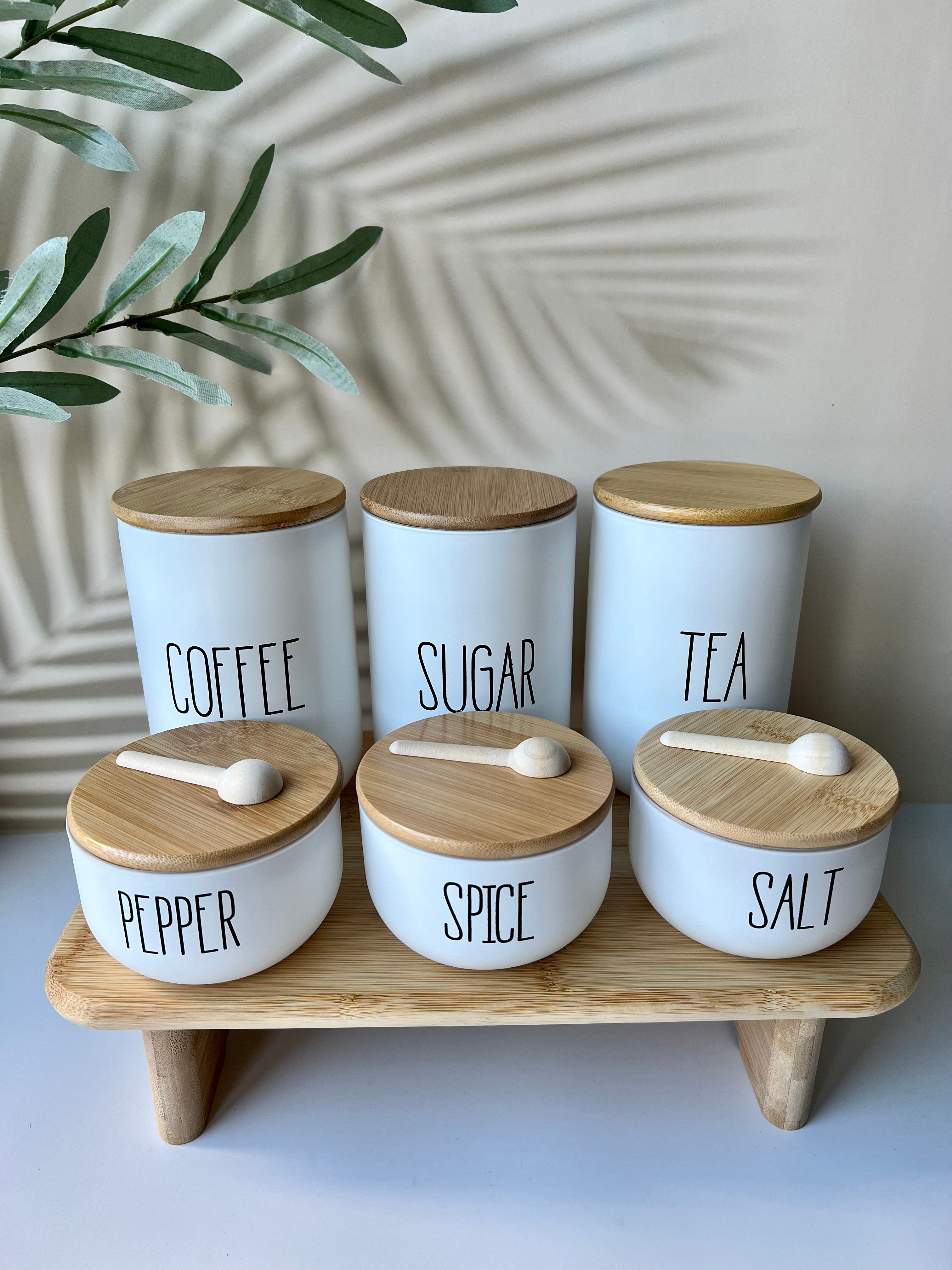 Bambu Stantlı 6 Adet Bambu Kapaklı Baharatlık 3 Adet Ölçü Kaşığı Tea|Coffee|Sugar|Pepper|Salt|Spice