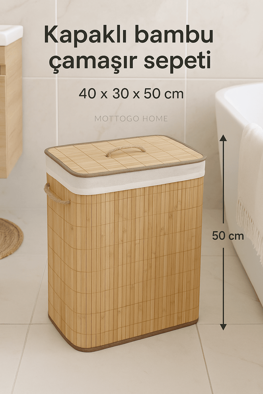 Kapaklı Bambu Çamaşır Sepeti 40x30x50 cm | Doğal Sepet Kirli Çamaşır Kutusu