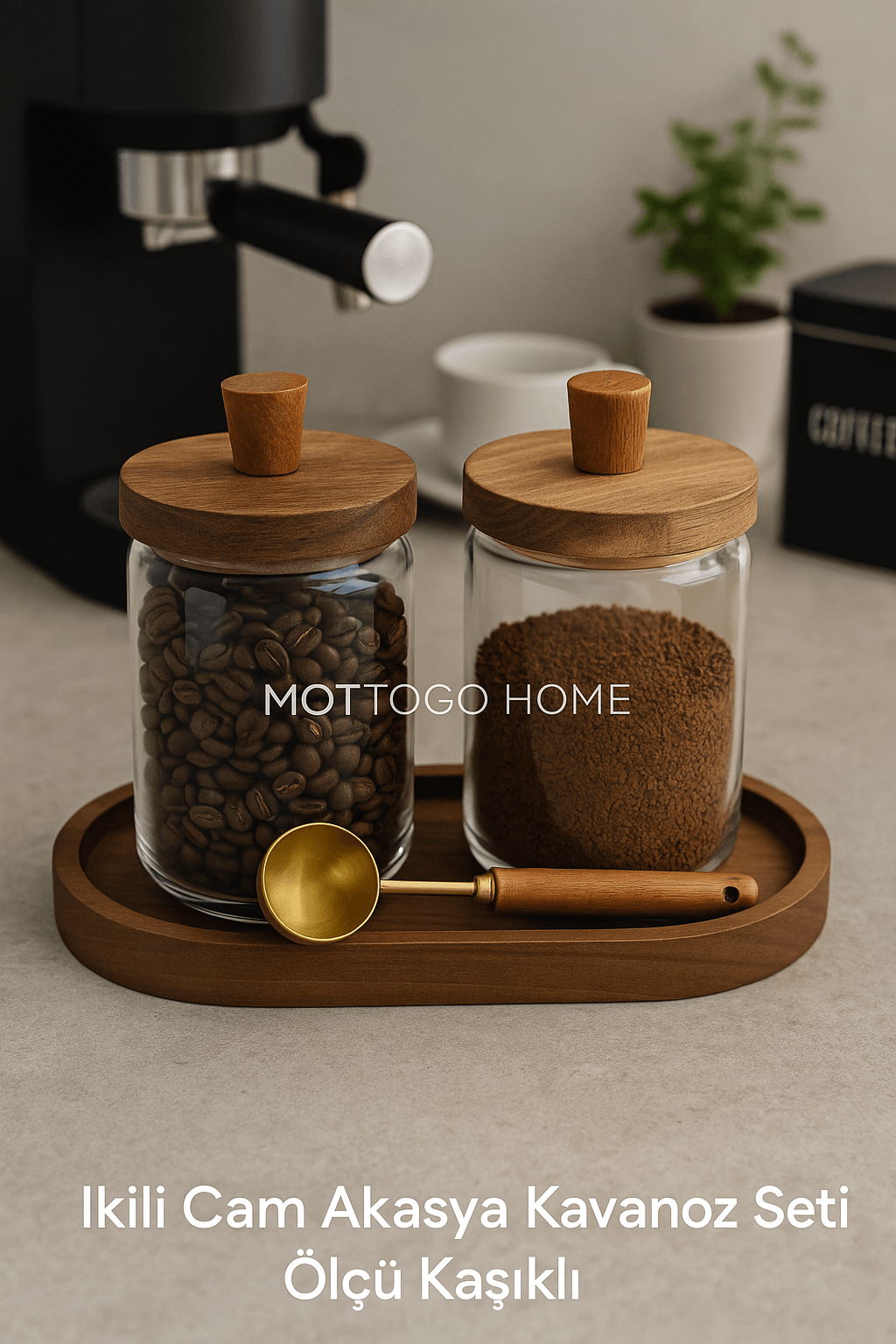  Ölçü Kaşıklı 2'li Akasya Vakumlu Kapak Cam Kavanoz Seti 700ml 