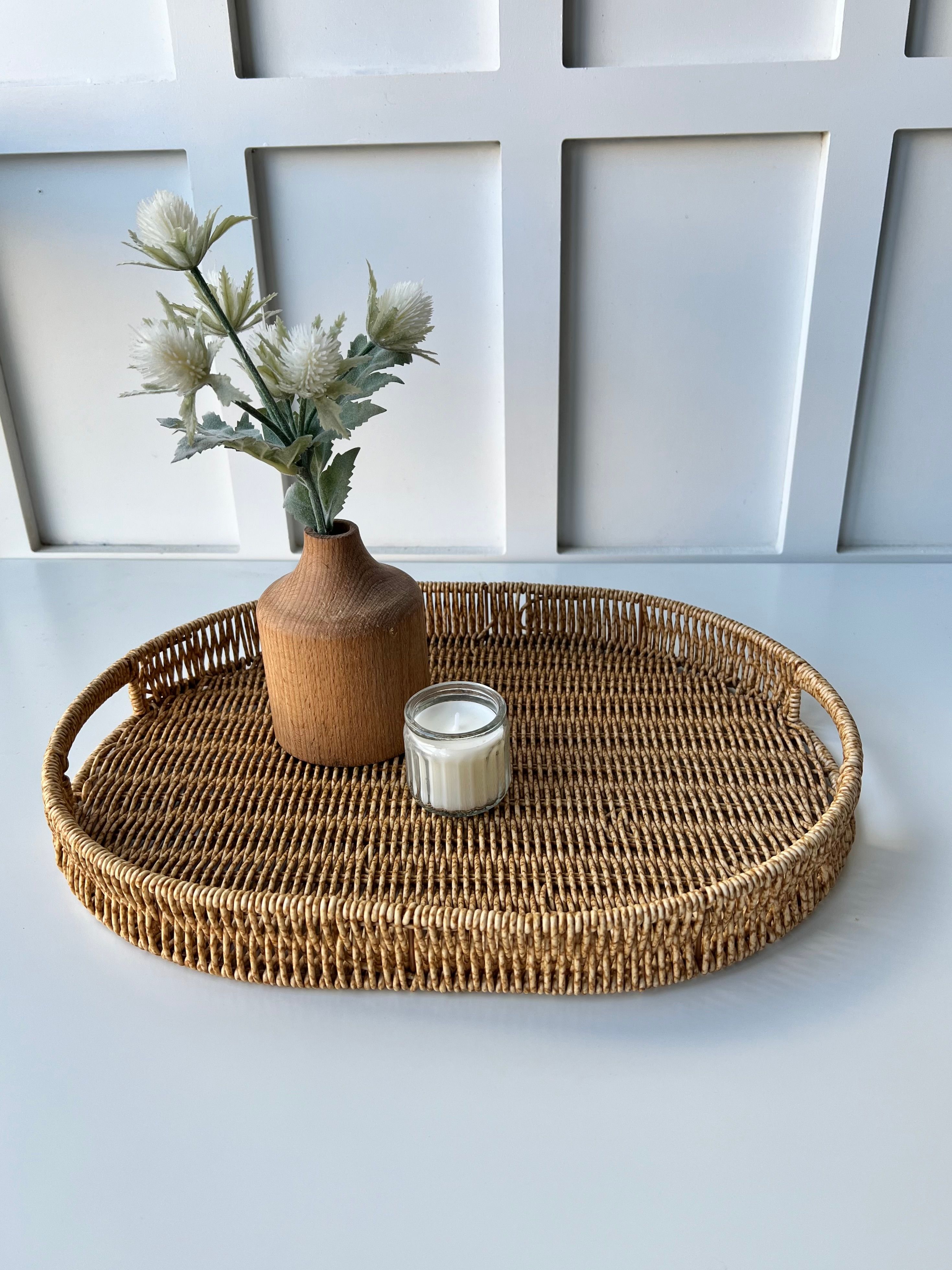 Dekoratif Oval Rattan Tepsi Büyük Boy 40x31x5Cm